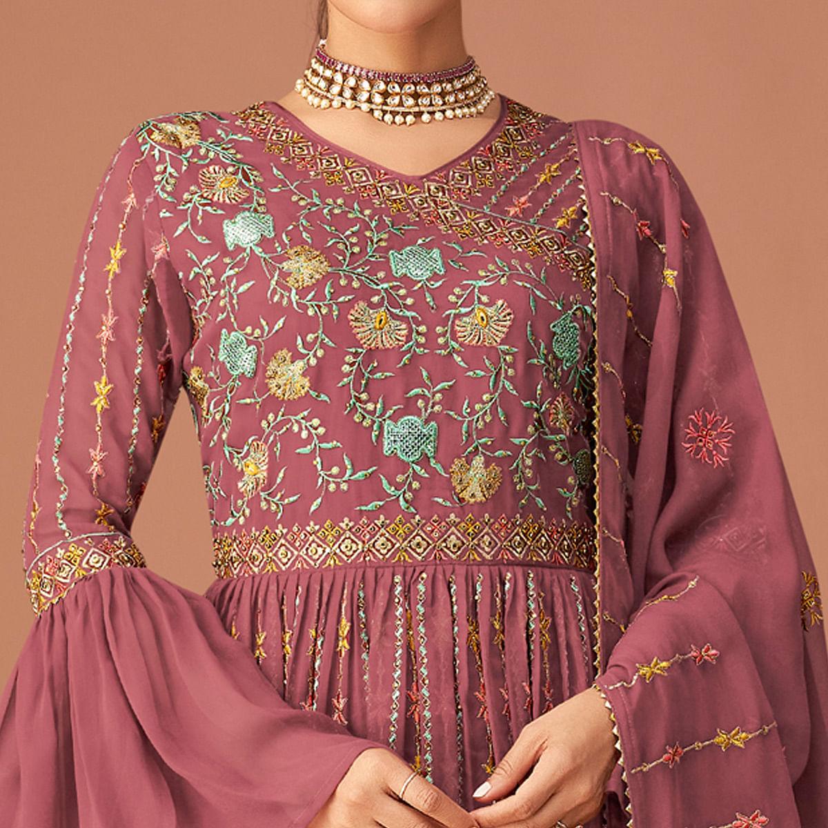 Mauve Party Wear Embroidered Georgette Sharara Suit - Peachmode