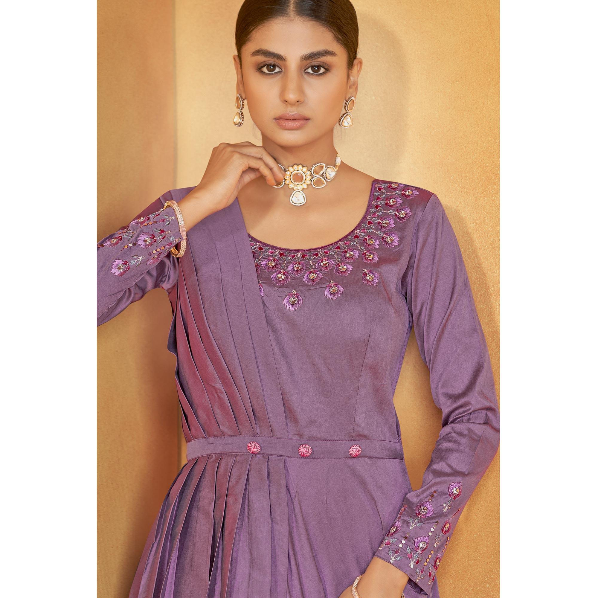 Mauve Party Wear Embroidered Tapetta Gown - Peachmode