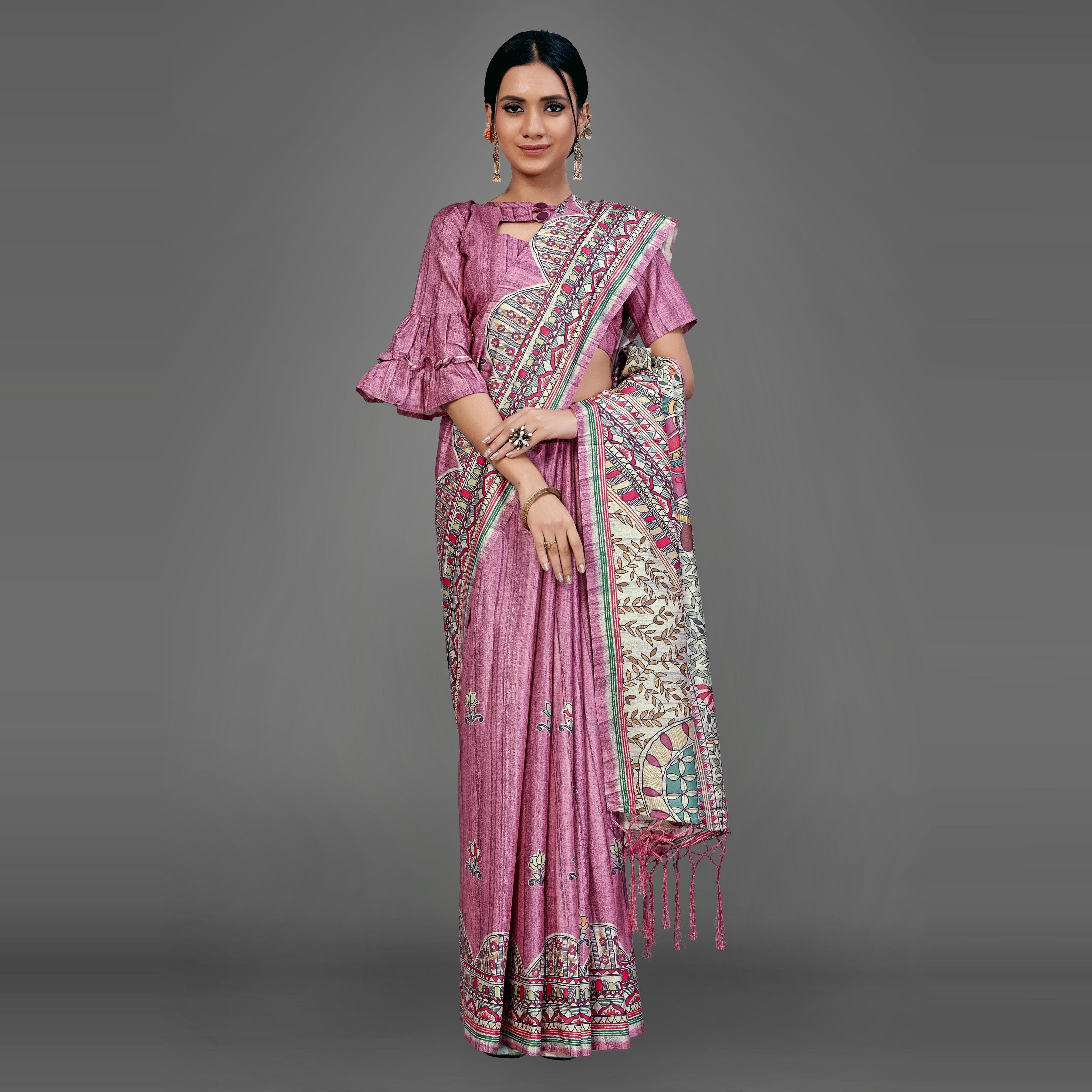 Mauve Party Wear Silk Blend Floral Print Saree With Unstitched Blouse - Peachmode