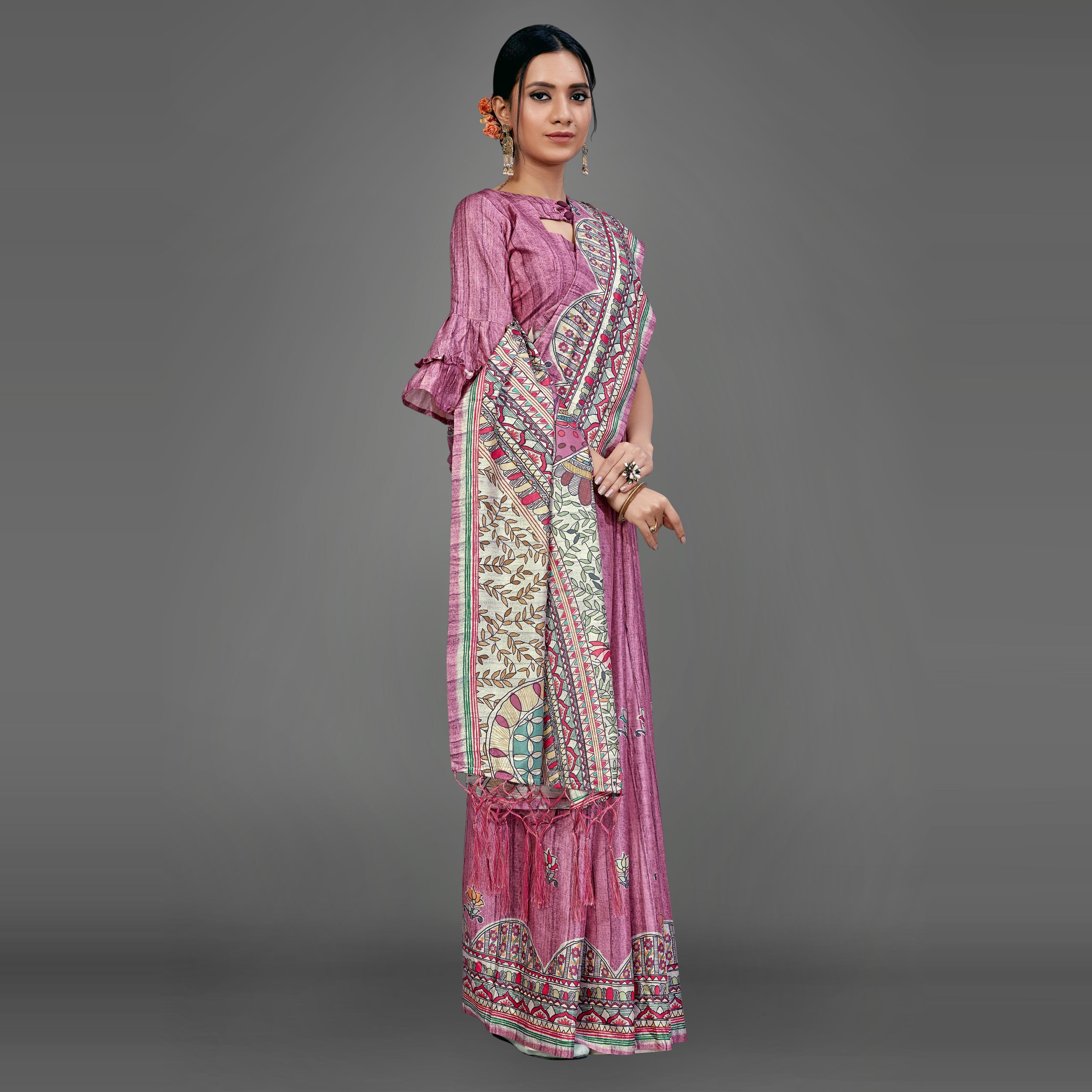 Mauve Party Wear Silk Blend Floral Print Saree With Unstitched Blouse - Peachmode