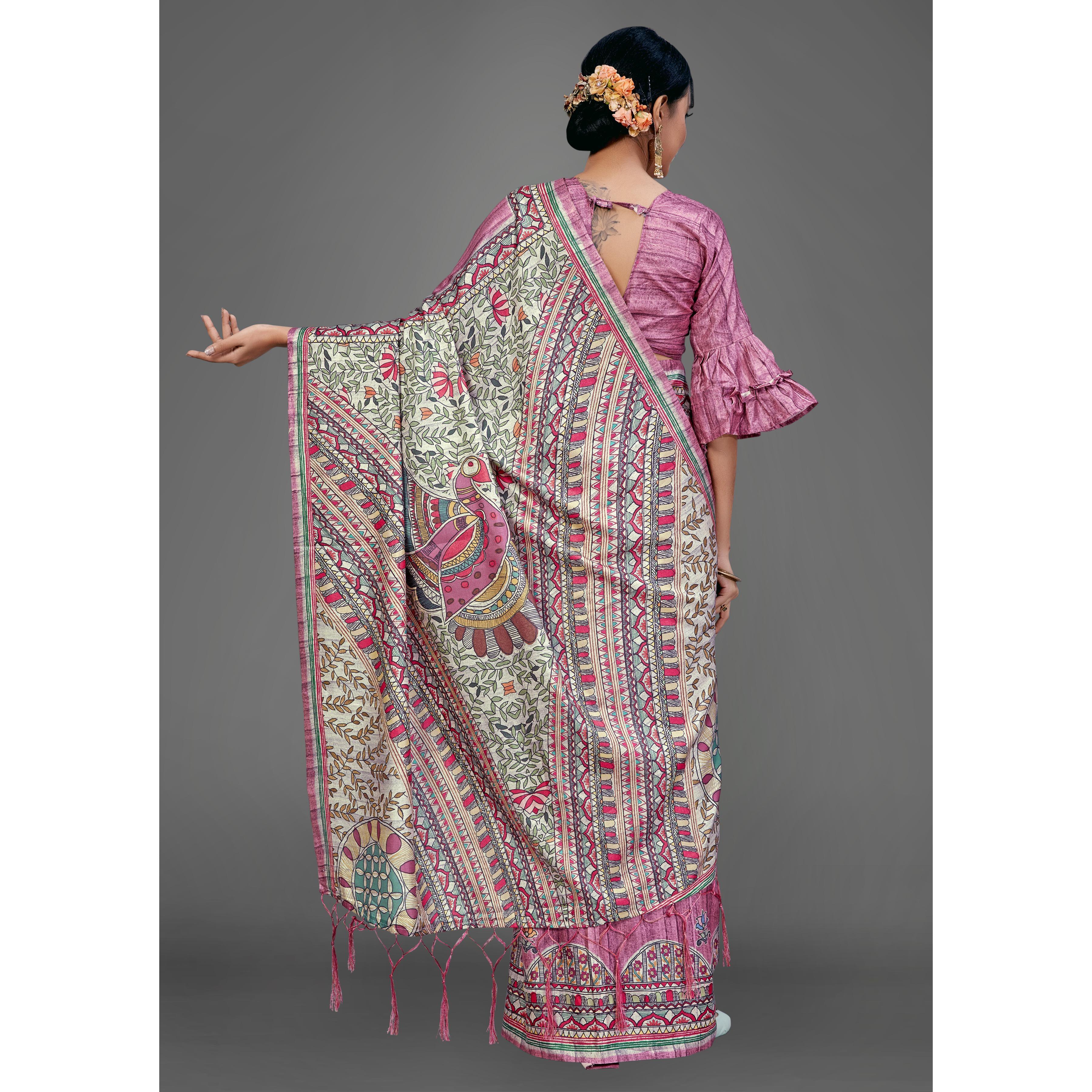 Mauve Party Wear Silk Blend Floral Print Saree With Unstitched Blouse - Peachmode