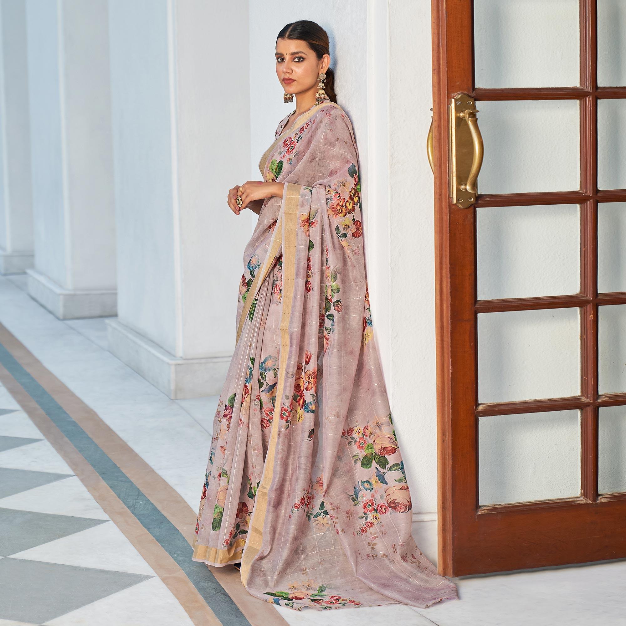 Mauve Partywear Digital Printed & Sequence Woven Pure Linen Saree - Peachmode