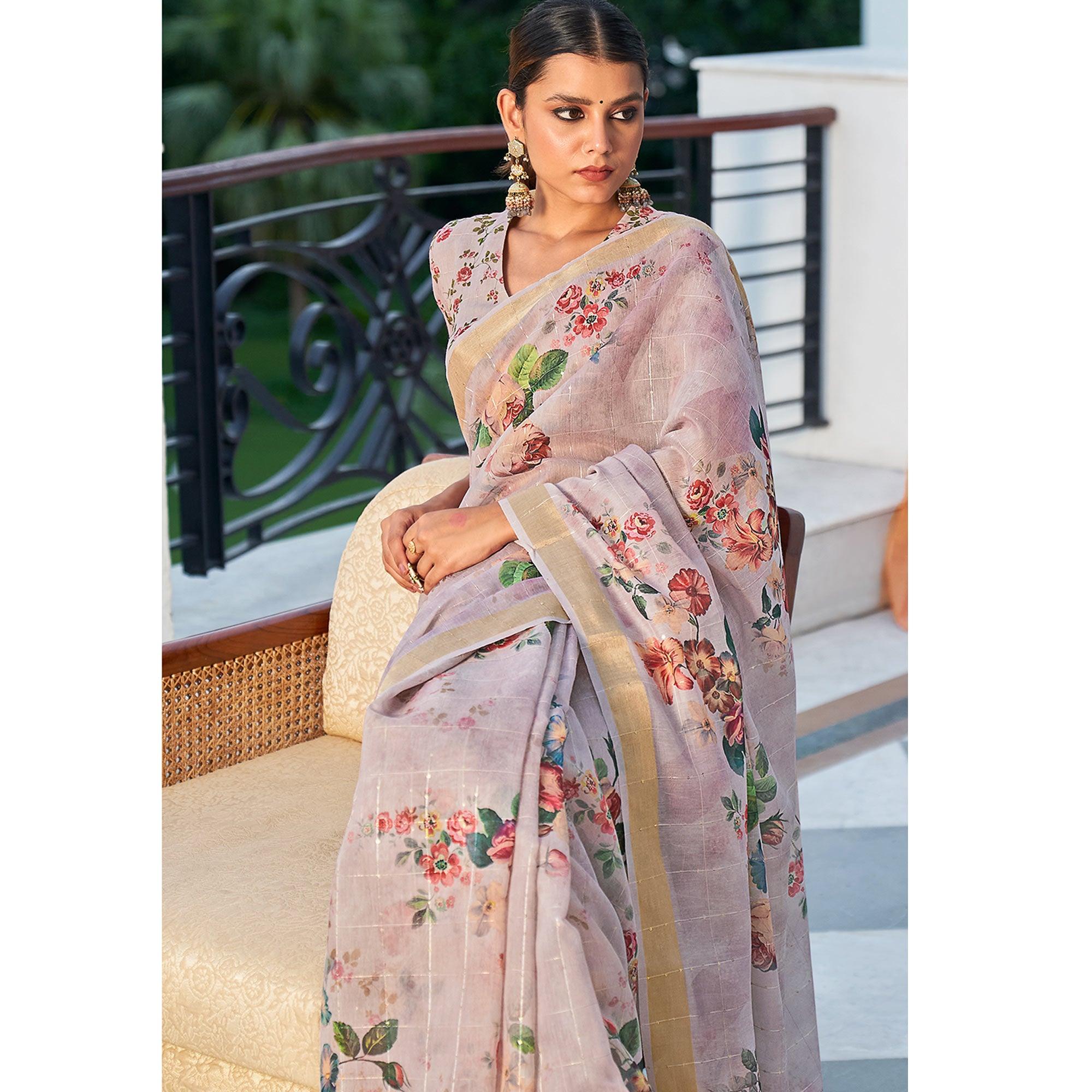 Mauve Partywear Digital Printed & Sequence Woven Pure Linen Saree - Peachmode