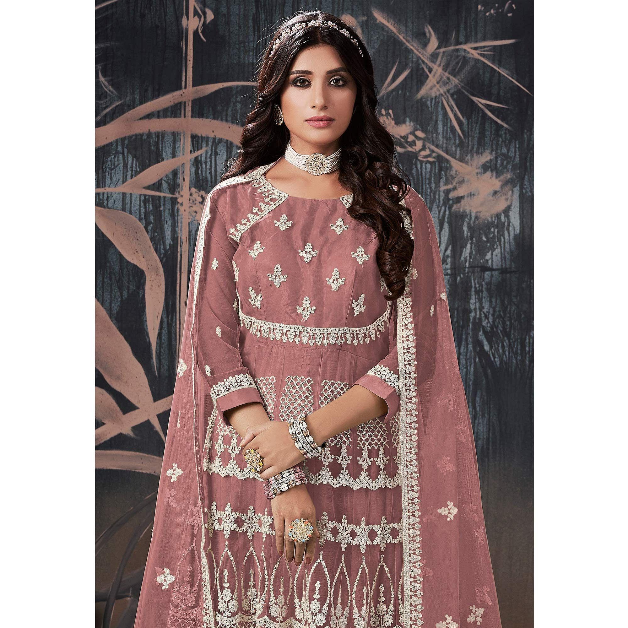 Mauve Partywear Embroidery With Embellished Net Gown - Peachmode