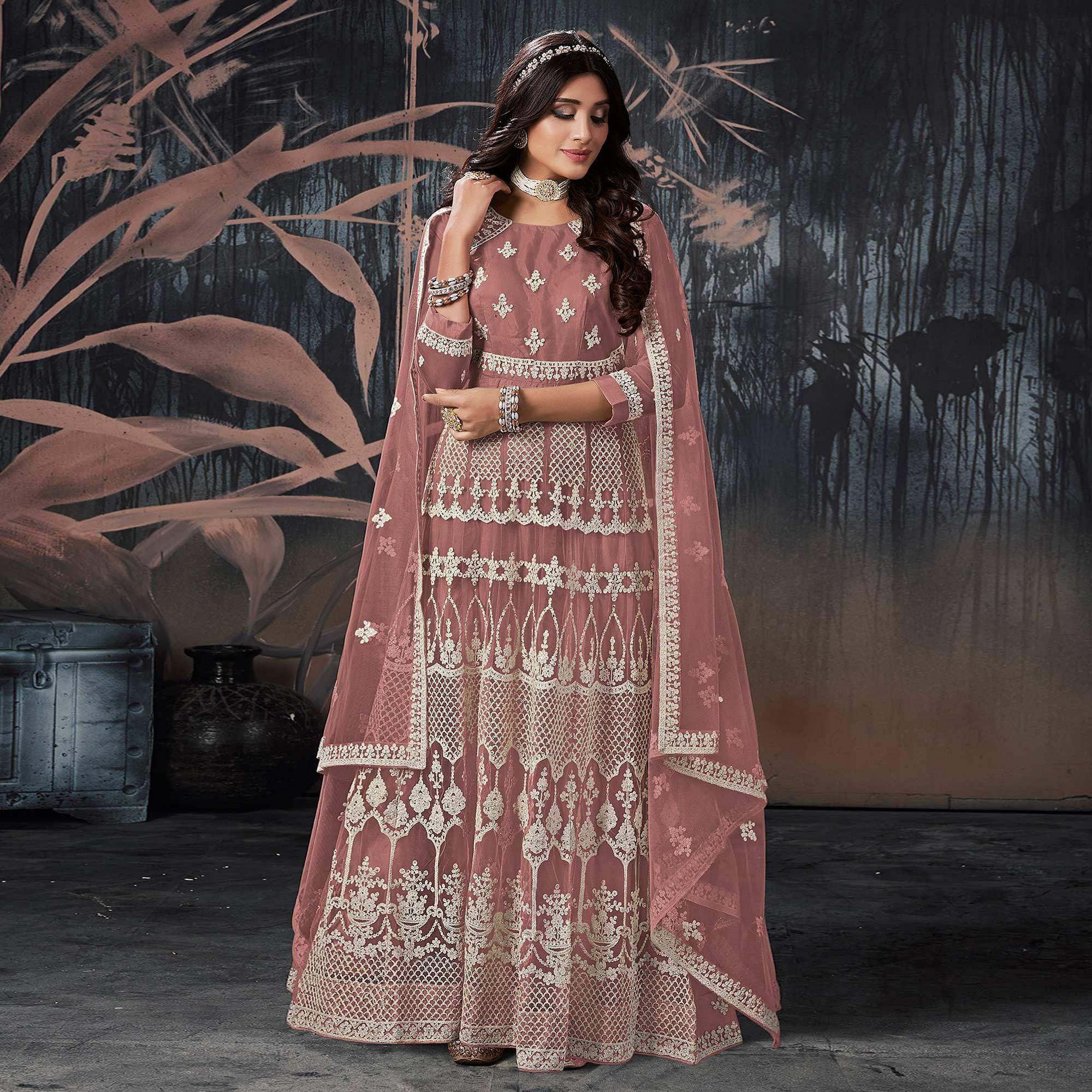 Mauve Partywear Embroidery With Embellished Net Gown - Peachmode
