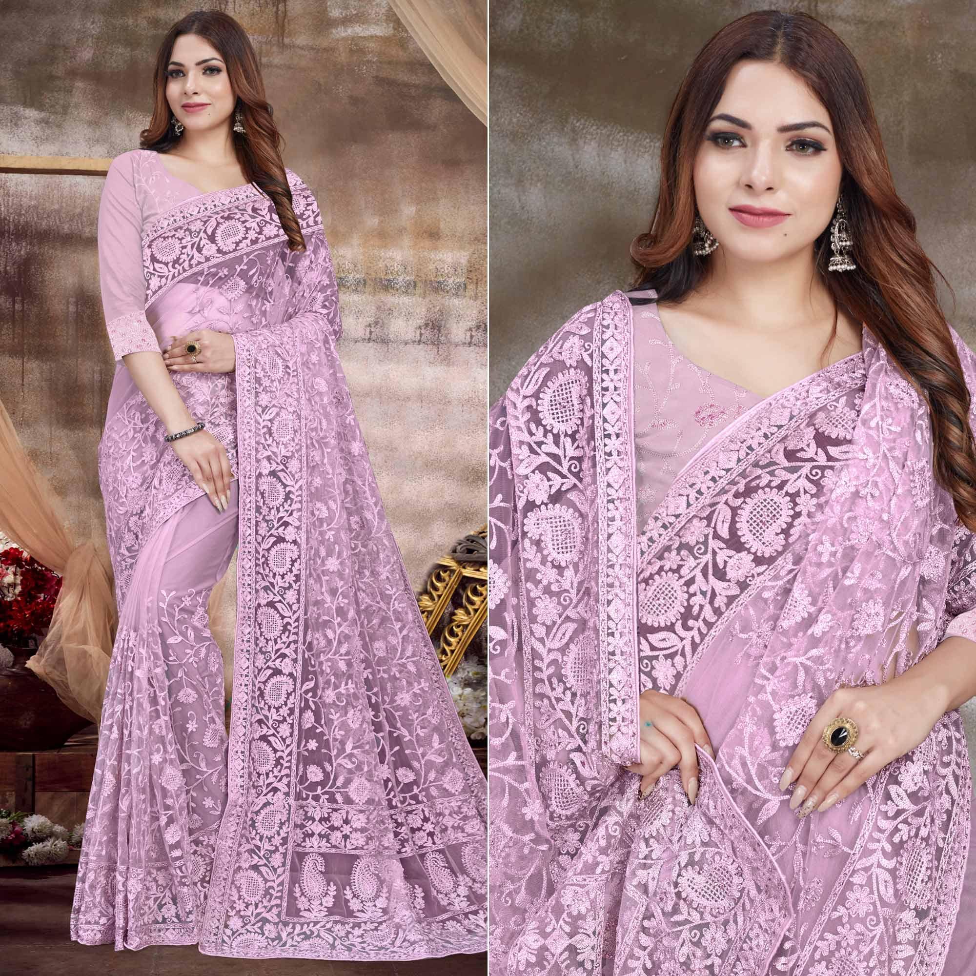 Mauve Partywear Embroidery With Embellished Net Saree - Peachmode