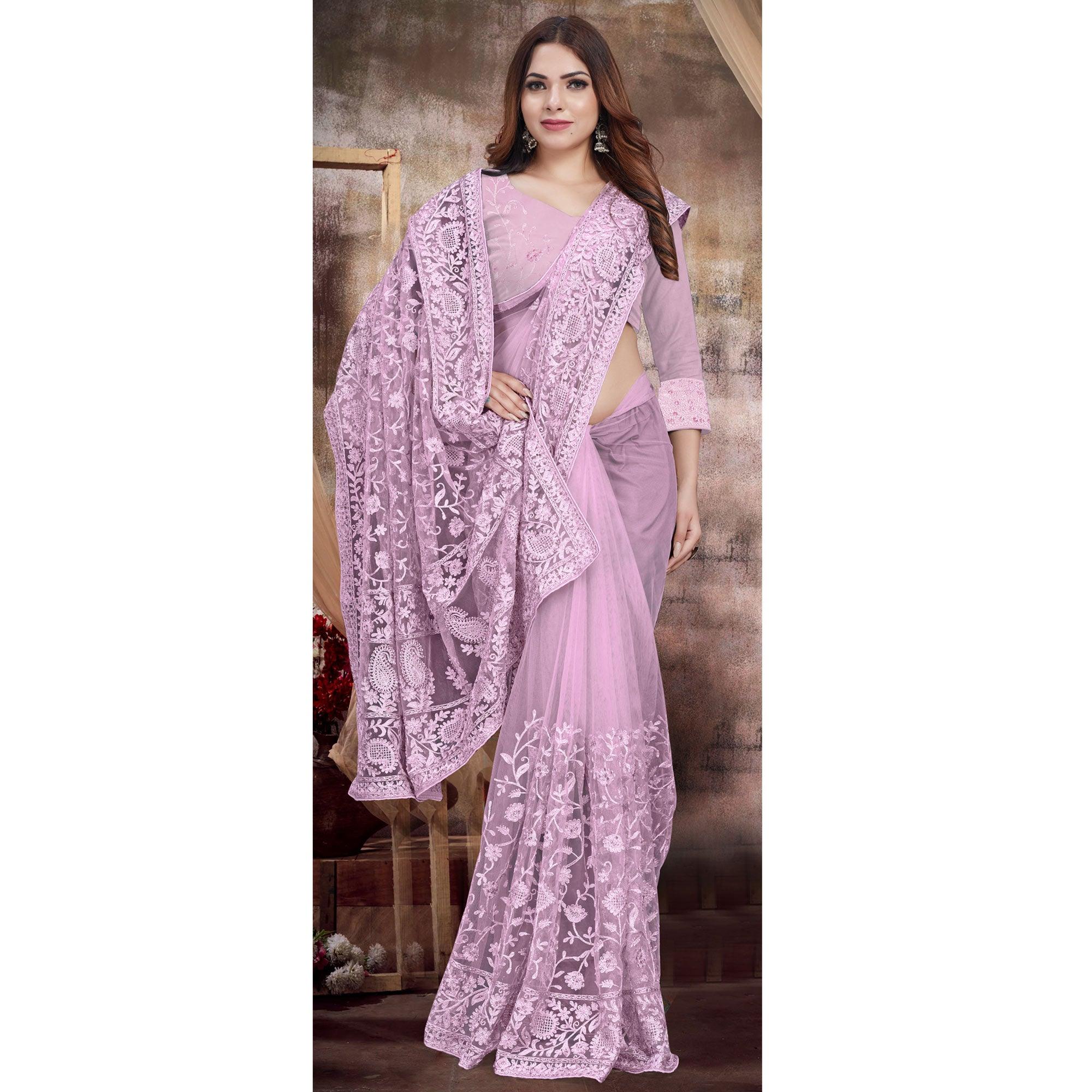 Mauve Partywear Embroidery With Embellished Net Saree - Peachmode