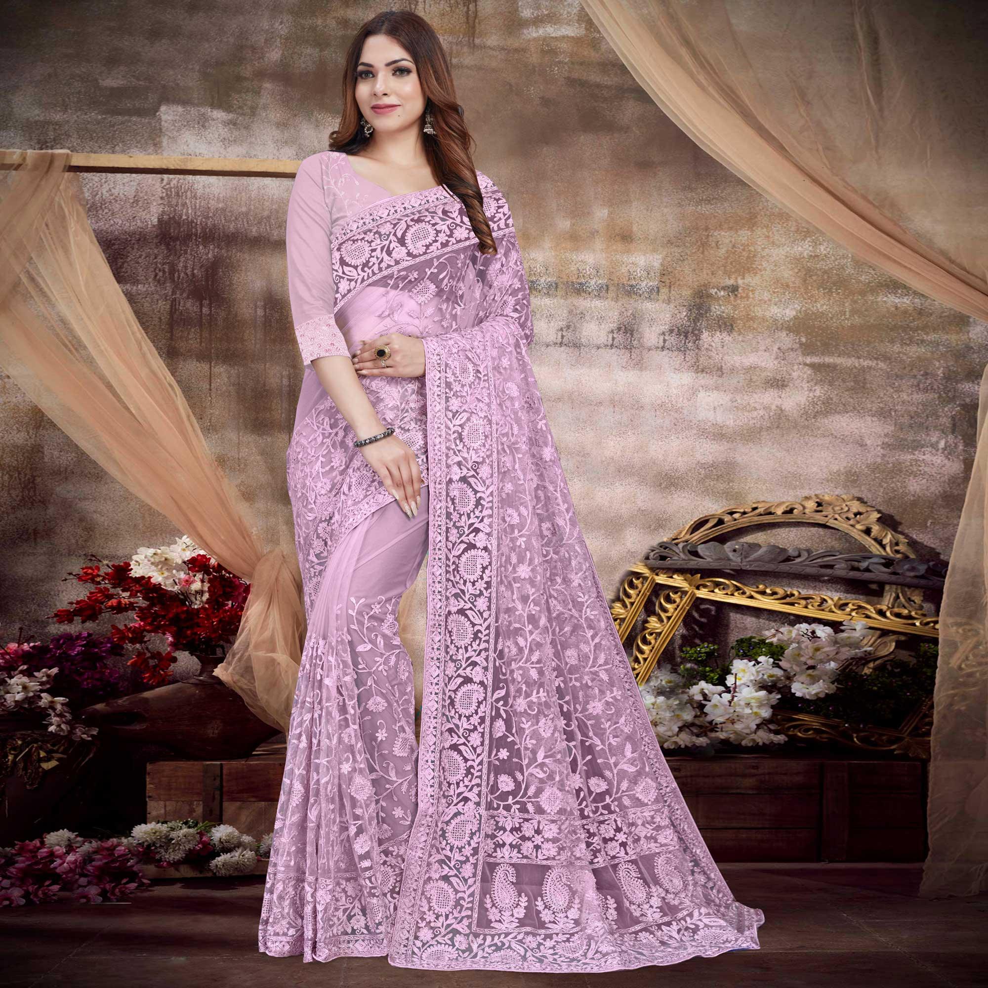 Mauve Partywear Embroidery With Embellished Net Saree - Peachmode
