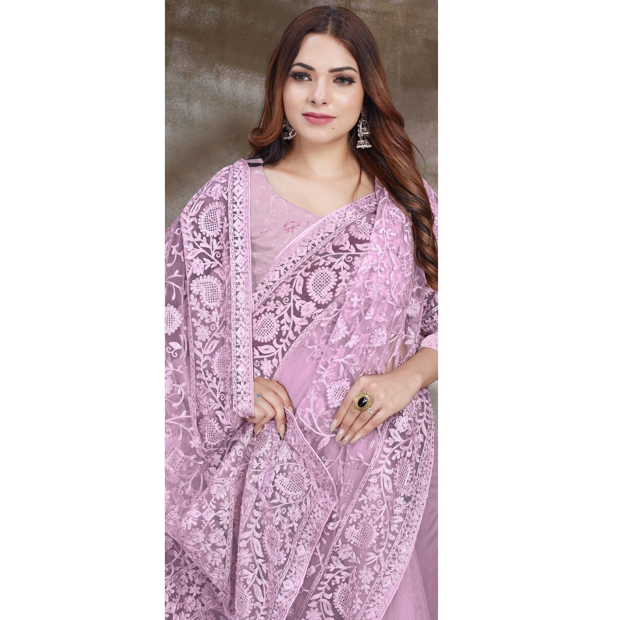 Mauve Partywear Embroidery With Embellished Net Saree - Peachmode