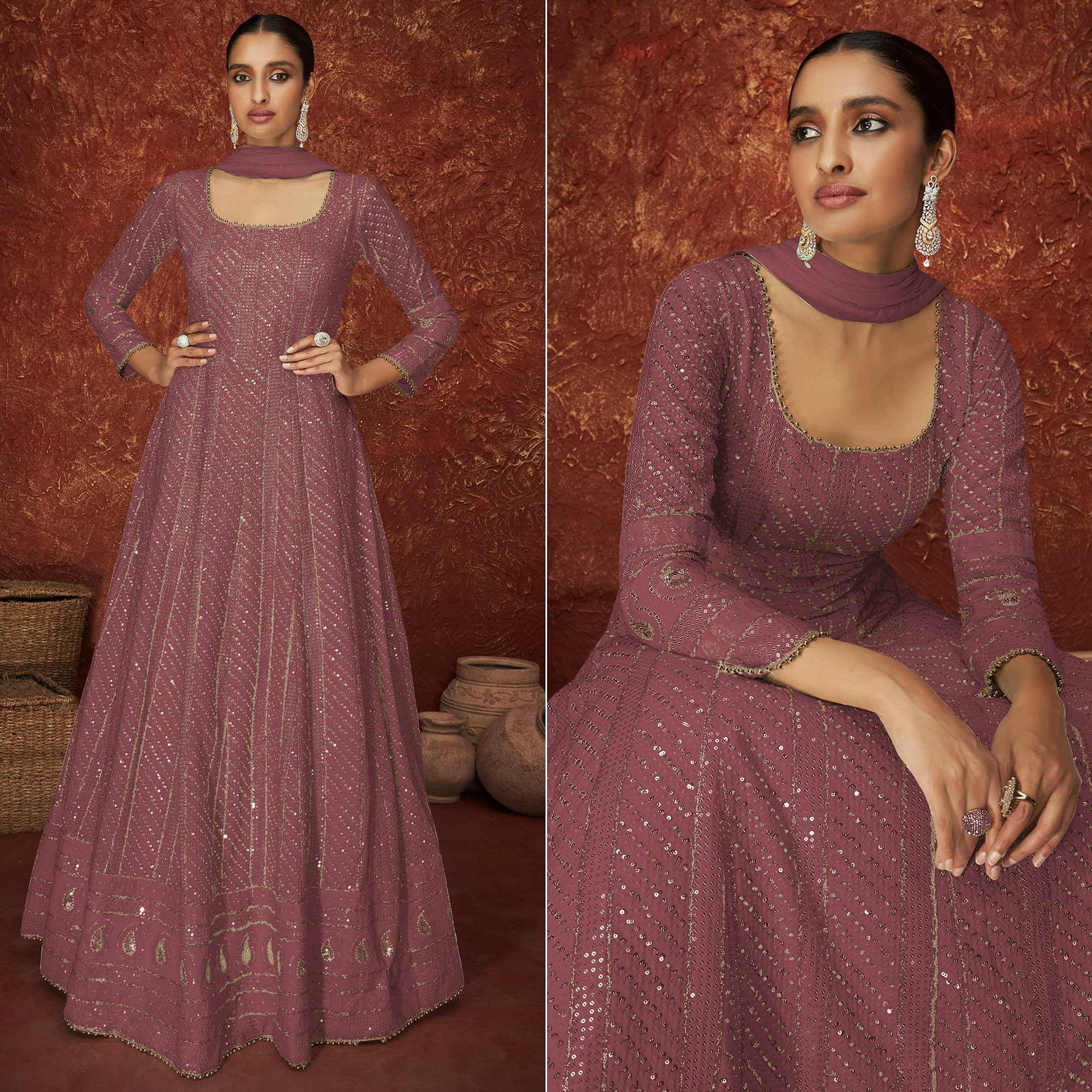 Mauve Partywear Sequence Embroidered Georgette Gown - Peachmode