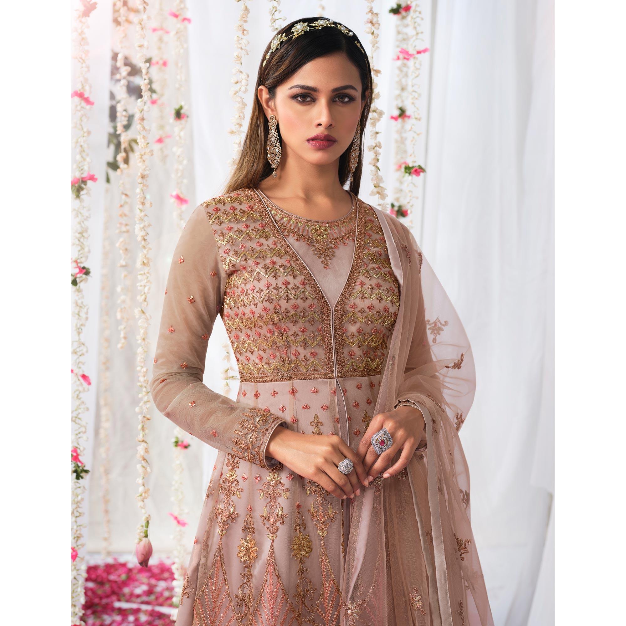Mauve Partywear Sequence Embroidered Net Gown - Peachmode