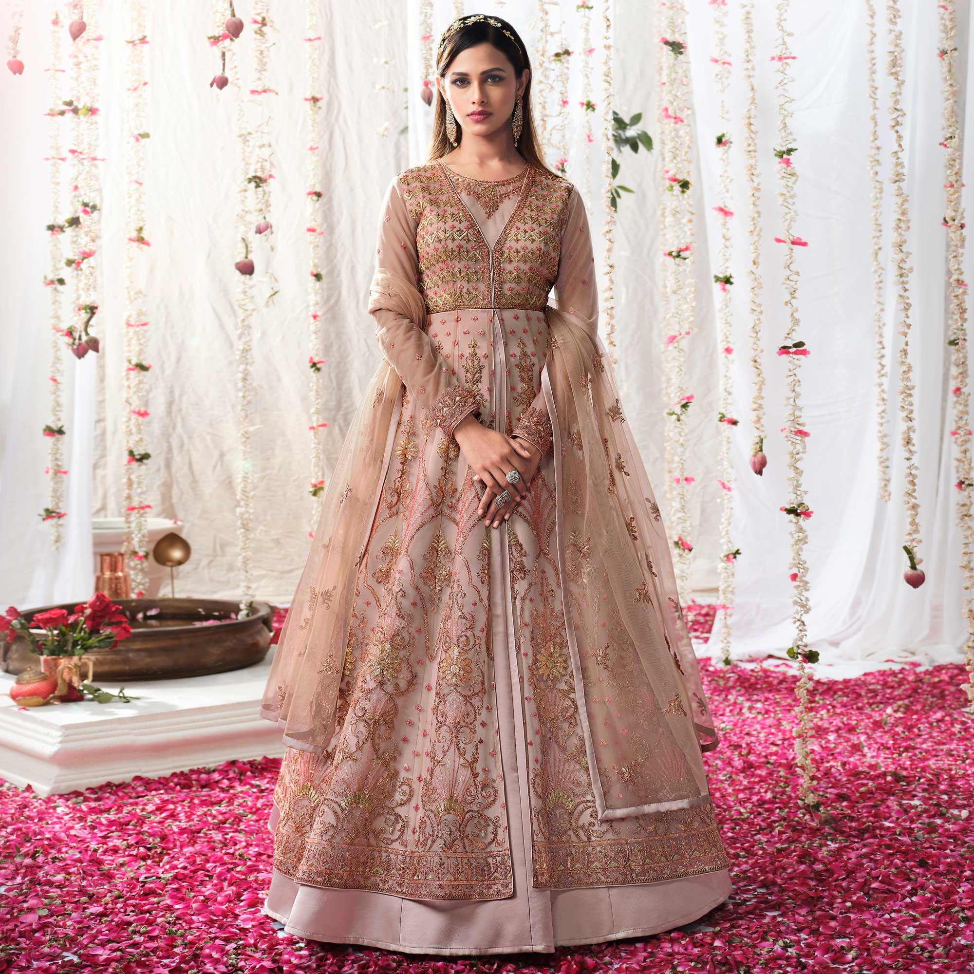 Mauve Partywear Sequence Embroidered Net Gown - Peachmode
