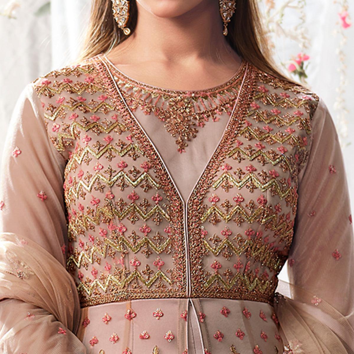 Mauve Partywear Sequence Embroidered Net Gown - Peachmode