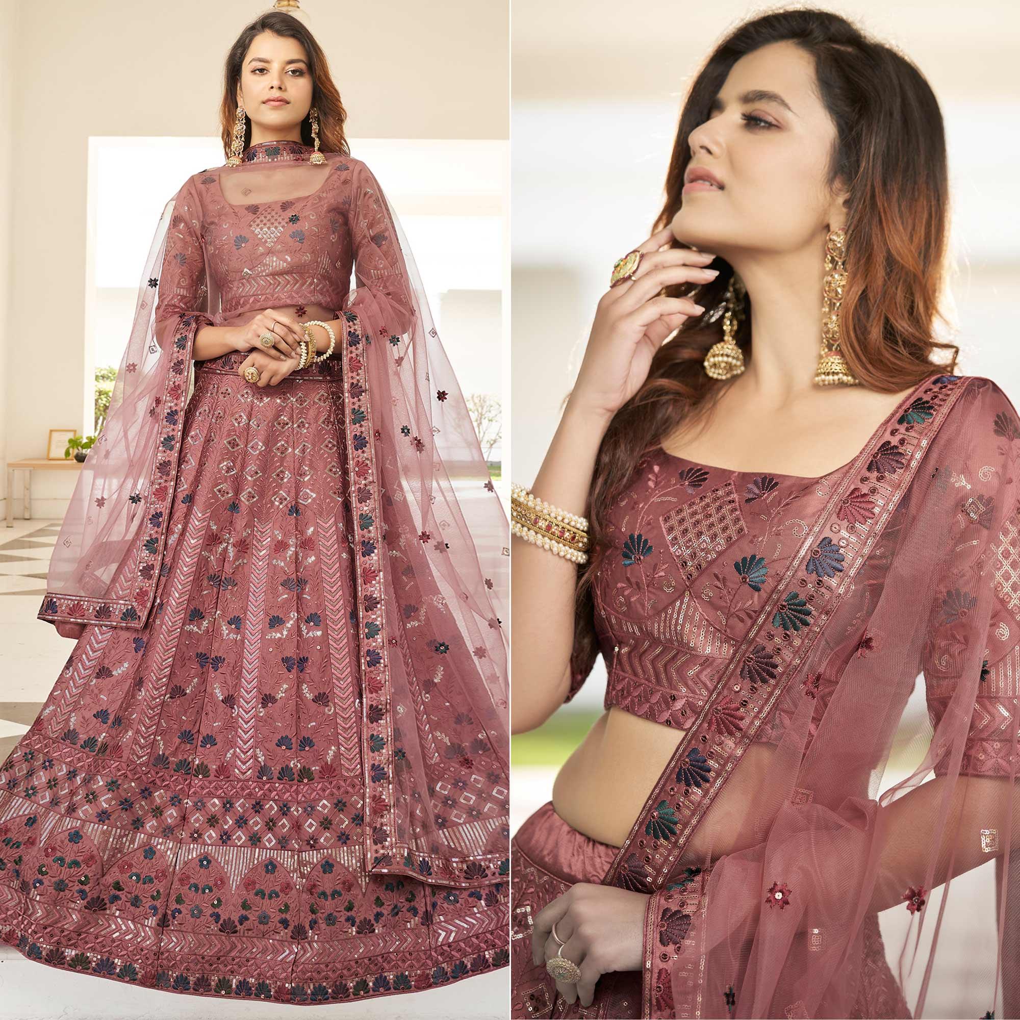 Mauve Partywear Sequence Embroidered Silk Lehenga Choli - Peachmode