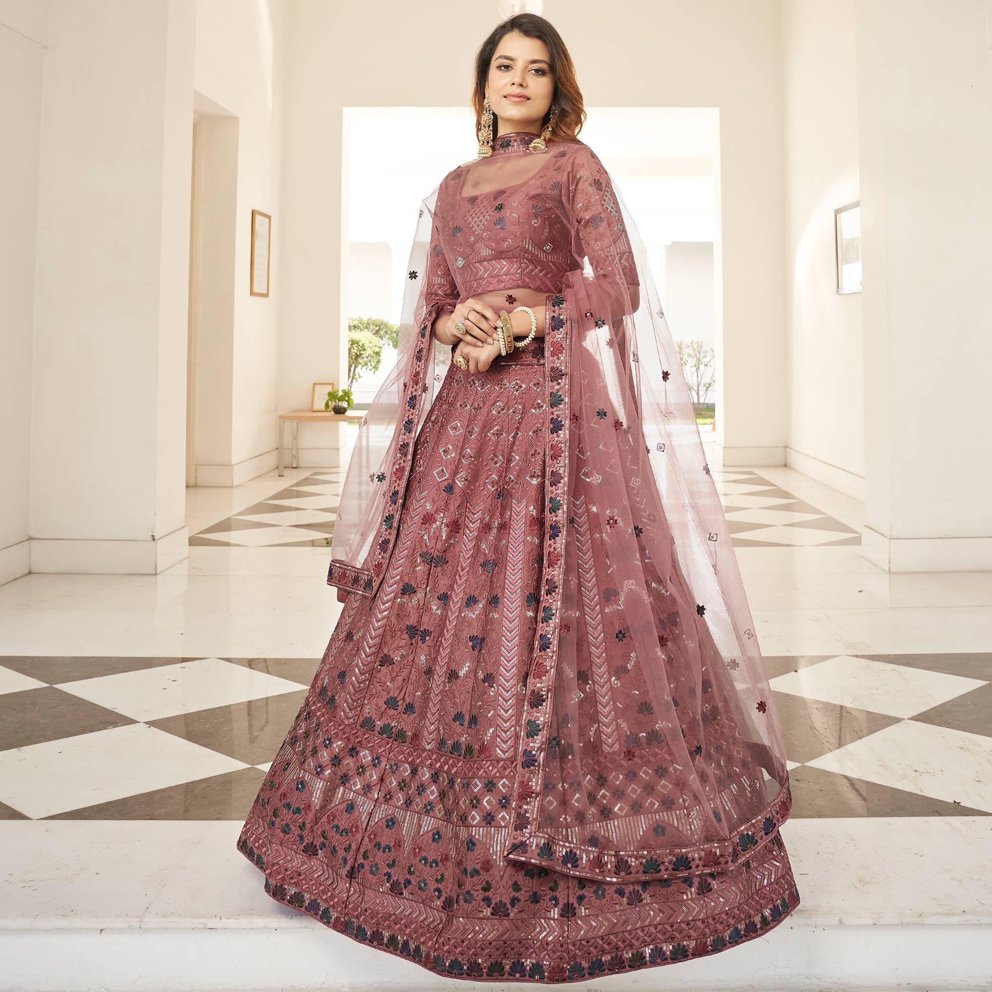 Mauve Partywear Sequence Embroidered Silk Lehenga Choli - Peachmode