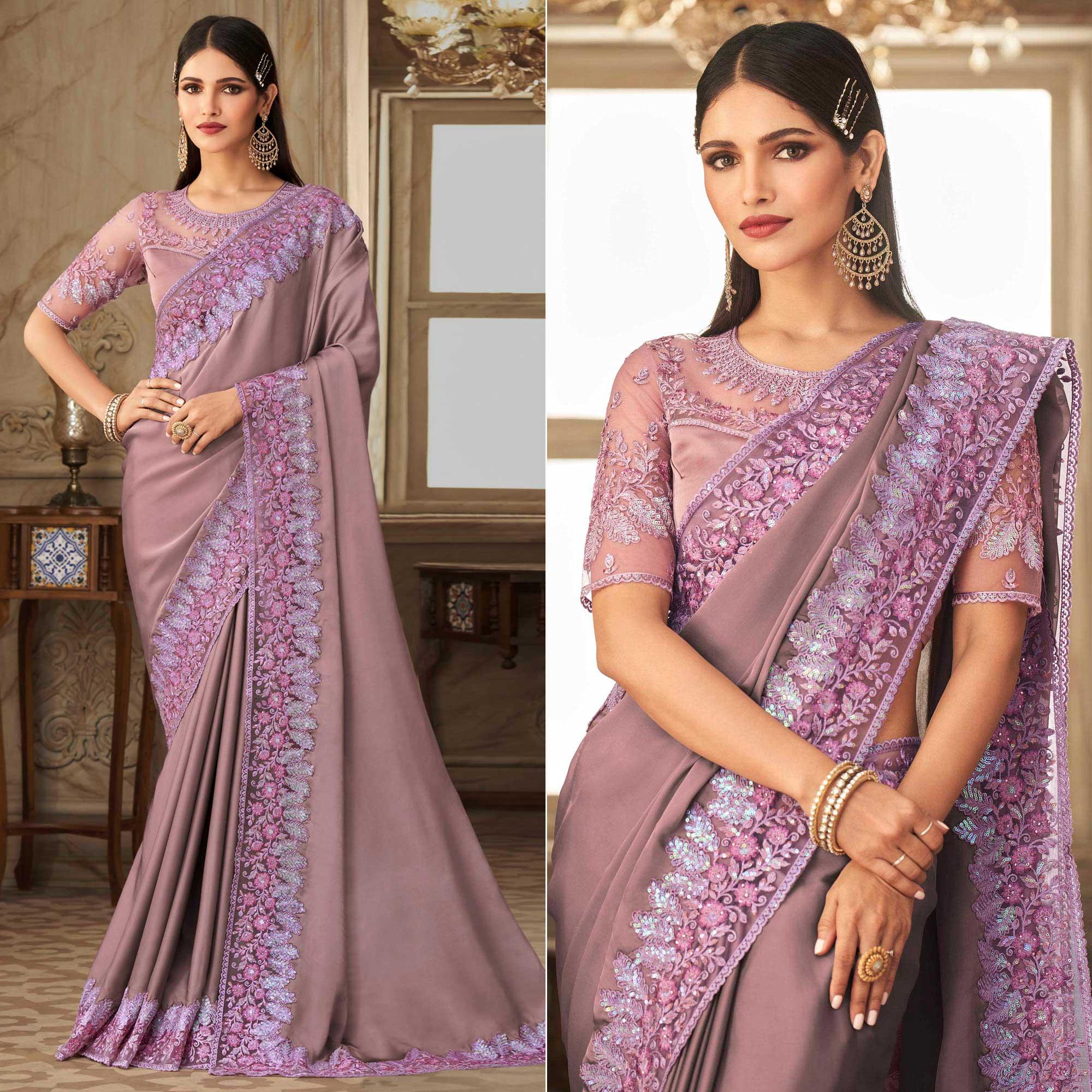 Mauve  Partywear Sequence Embroidered  Silk Saree - Peachmode