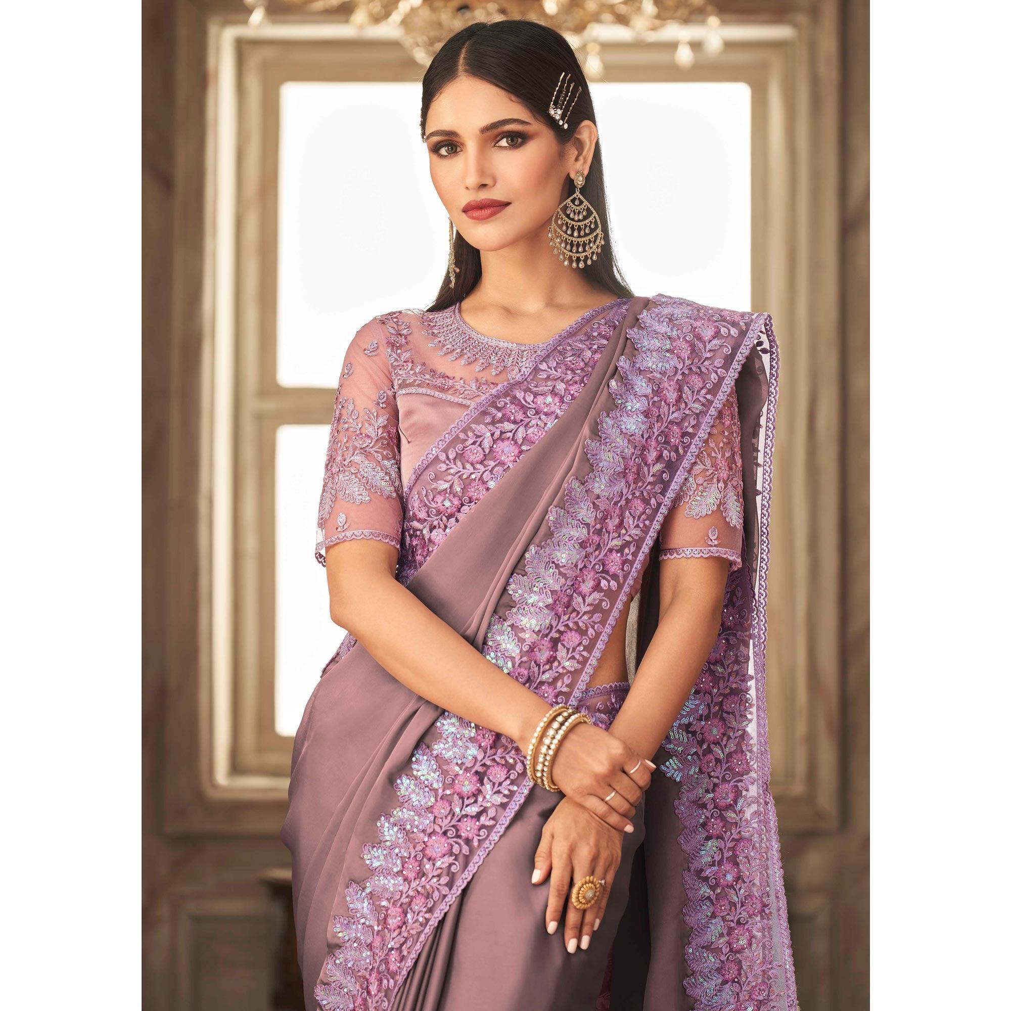 Mauve  Partywear Sequence Embroidered  Silk Saree - Peachmode