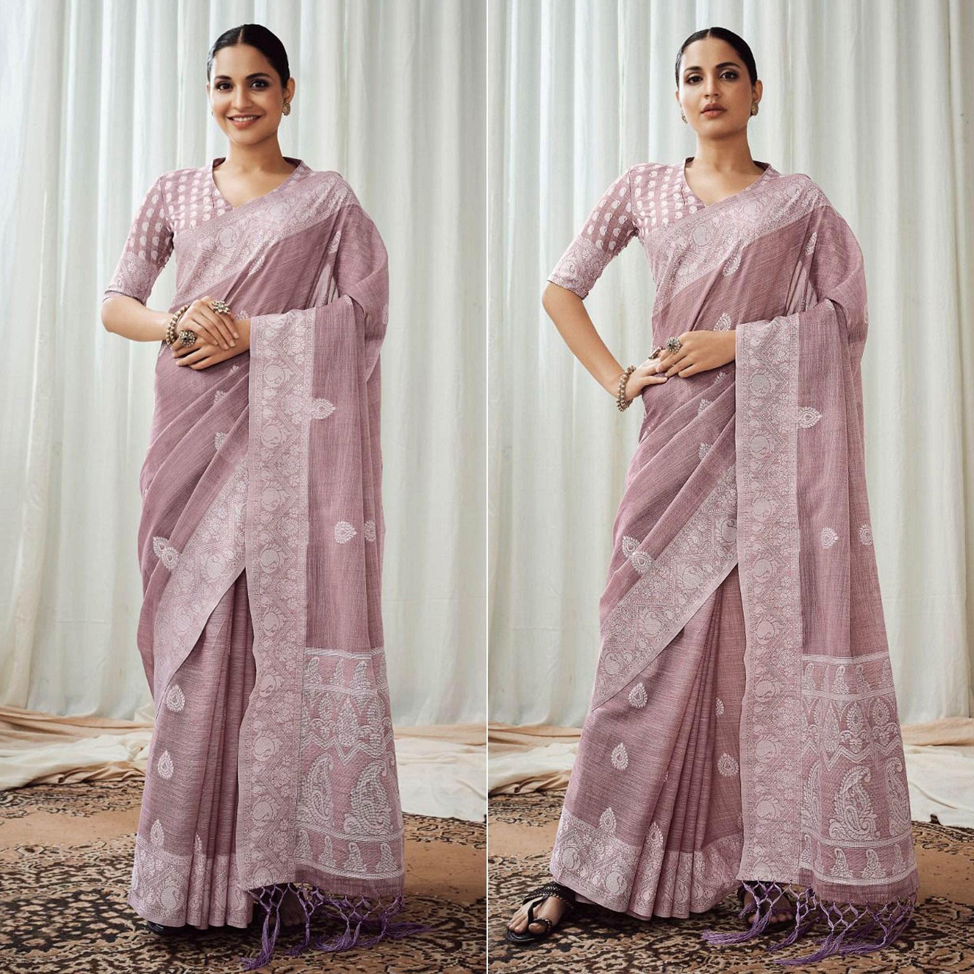 Mauve Partywear Woven Lucknowi Linen Saree - Peachmode