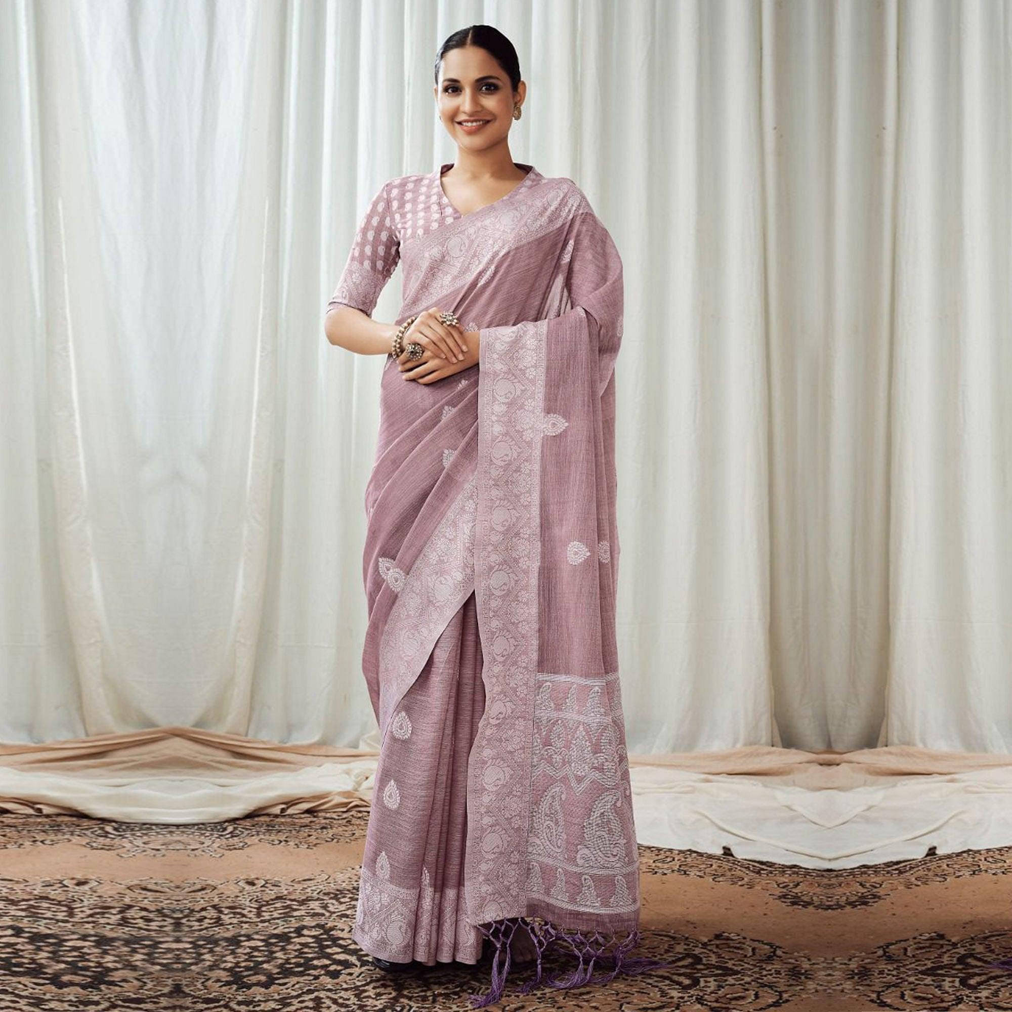 Mauve Partywear Woven Lucknowi Linen Saree - Peachmode