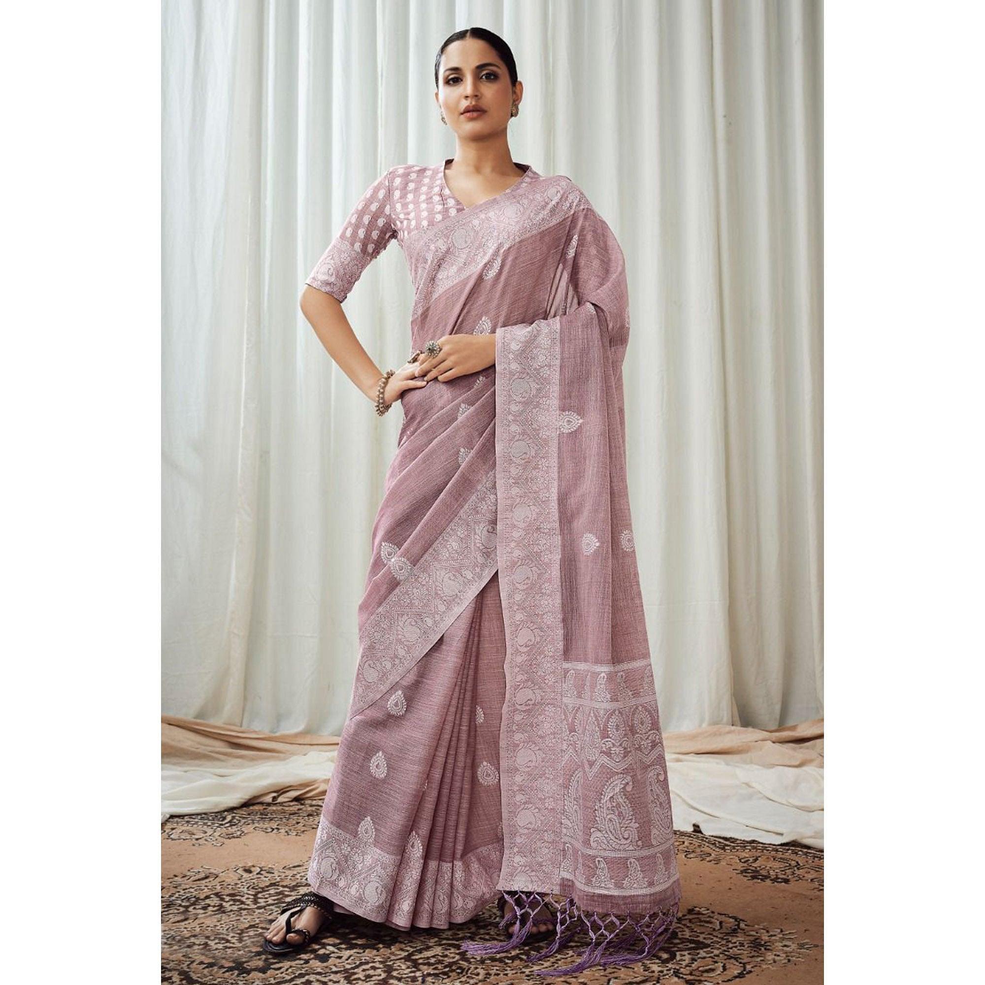 Mauve Partywear Woven Lucknowi Linen Saree - Peachmode