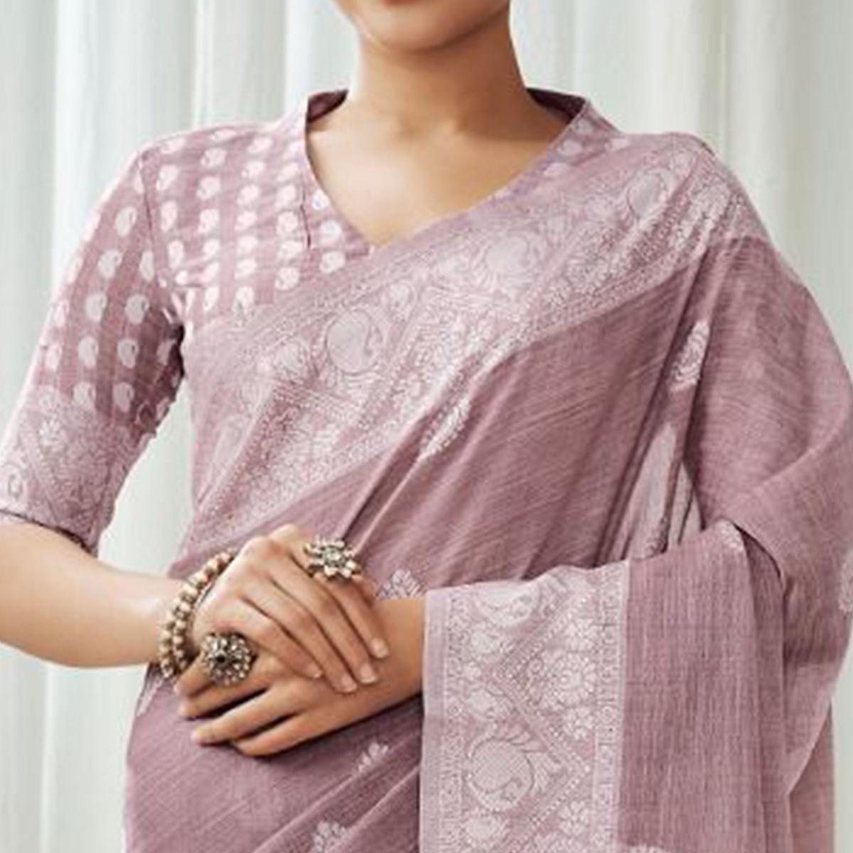 Mauve Partywear Woven Lucknowi Linen Saree - Peachmode