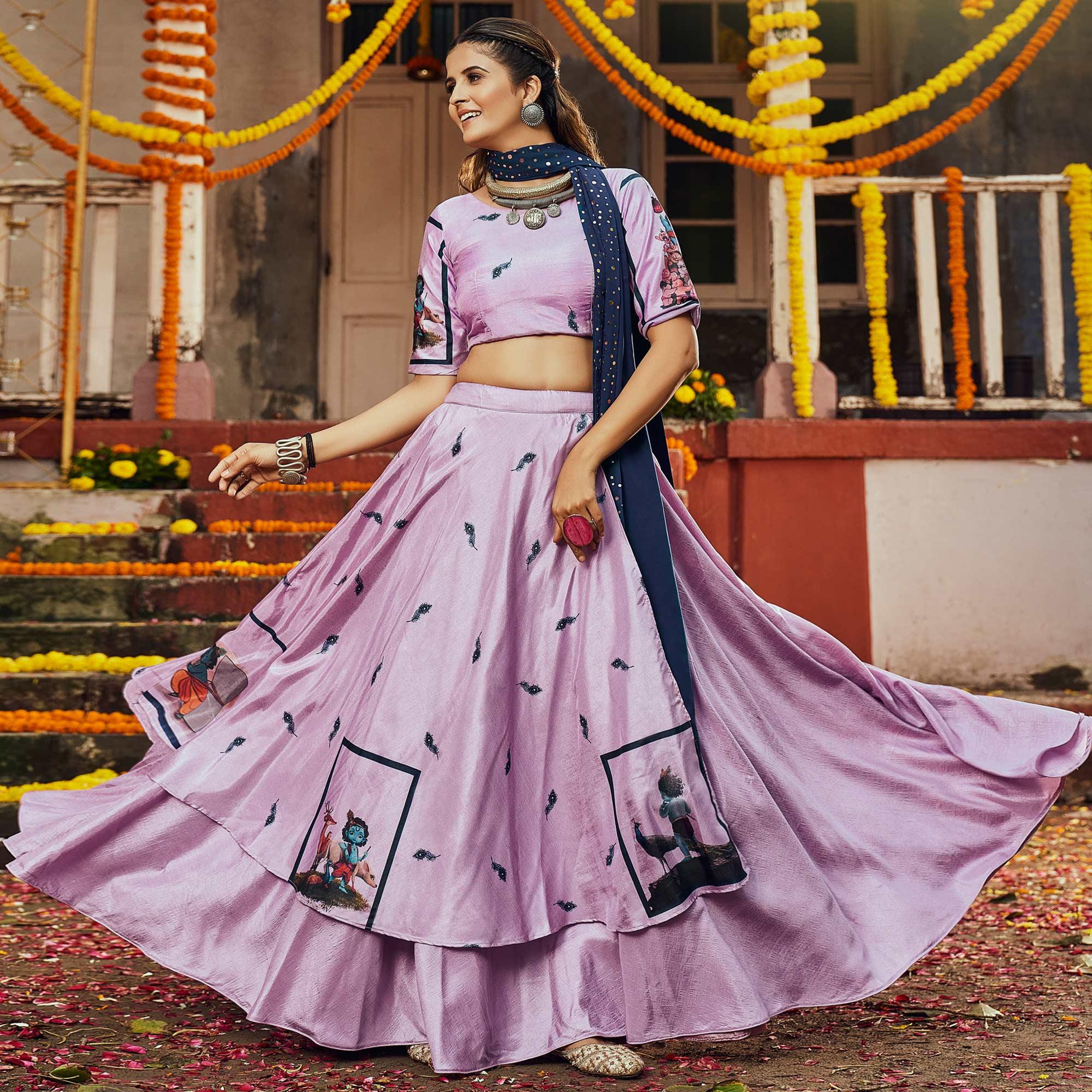 Mauve Printed Art Silk Lehenga Choli - Peachmode