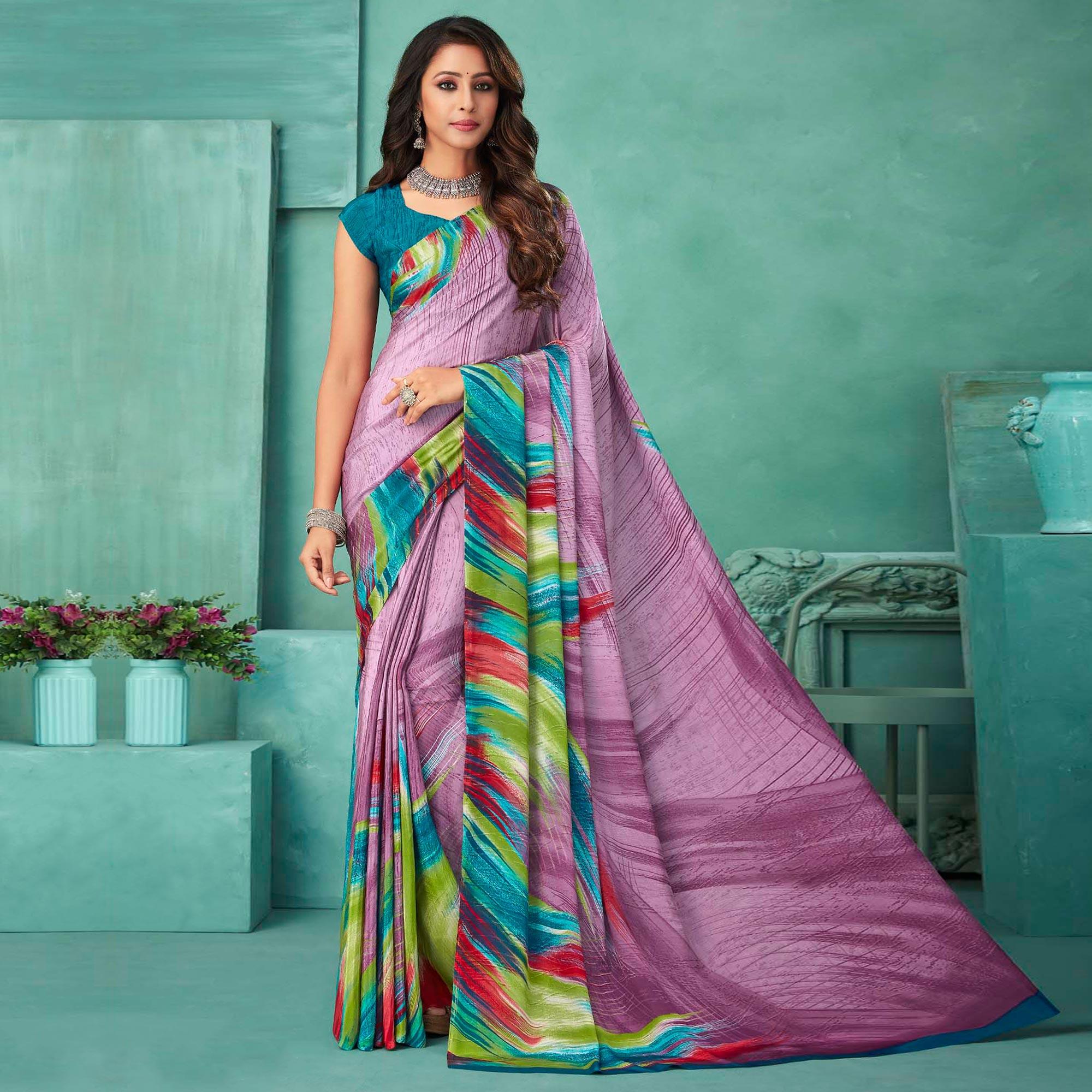 Mauve Printed Crepe Saree - Peachmode