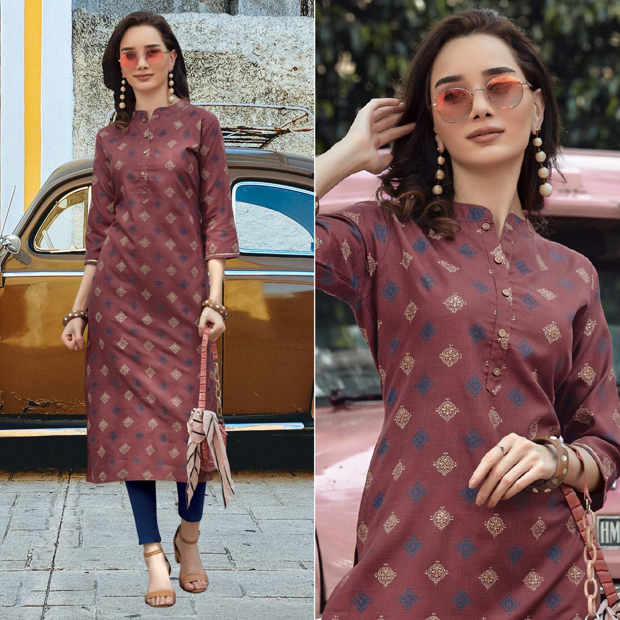 Mauve Printed Poly Cotton Kurti - Peachmode