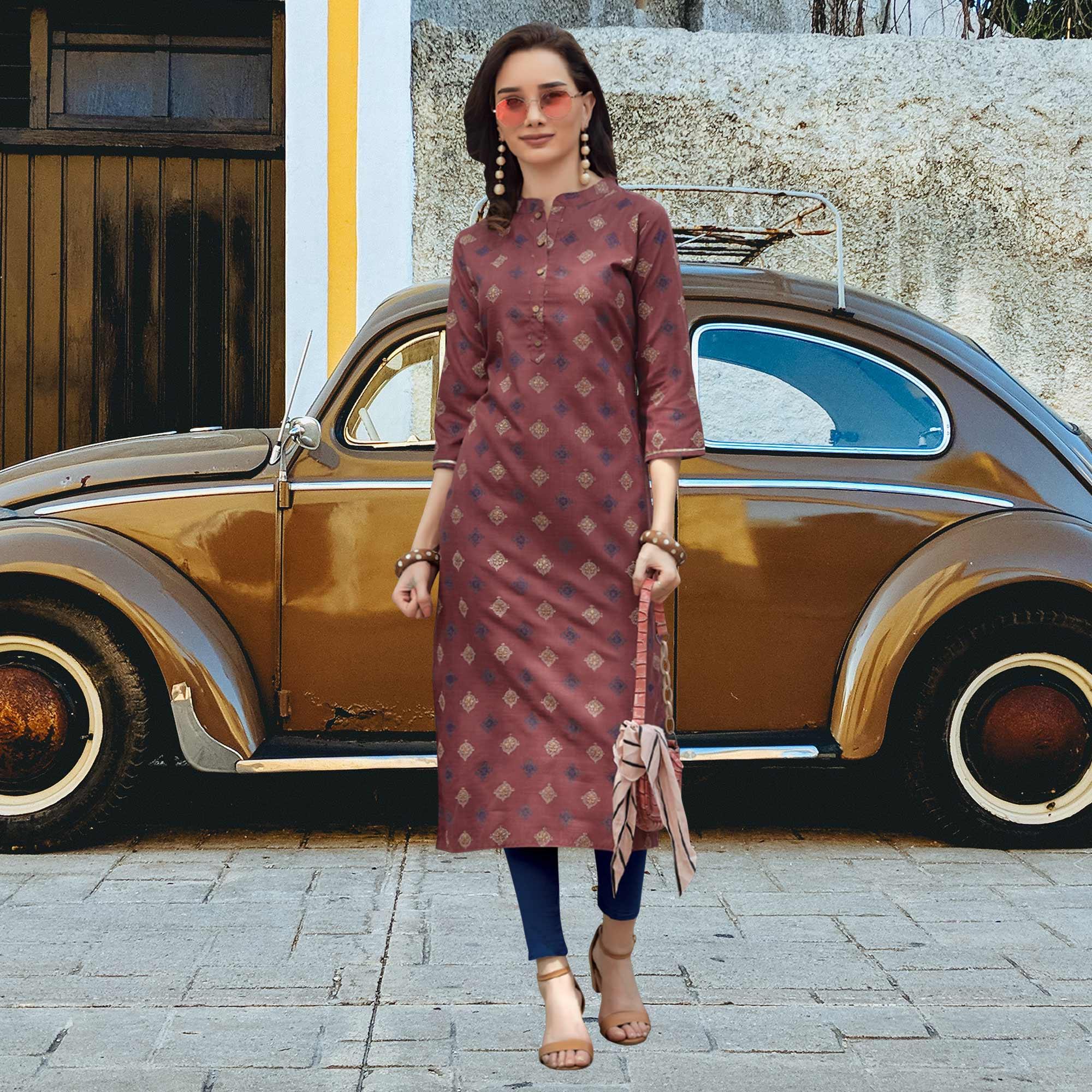 Mauve Printed Poly Cotton Kurti - Peachmode