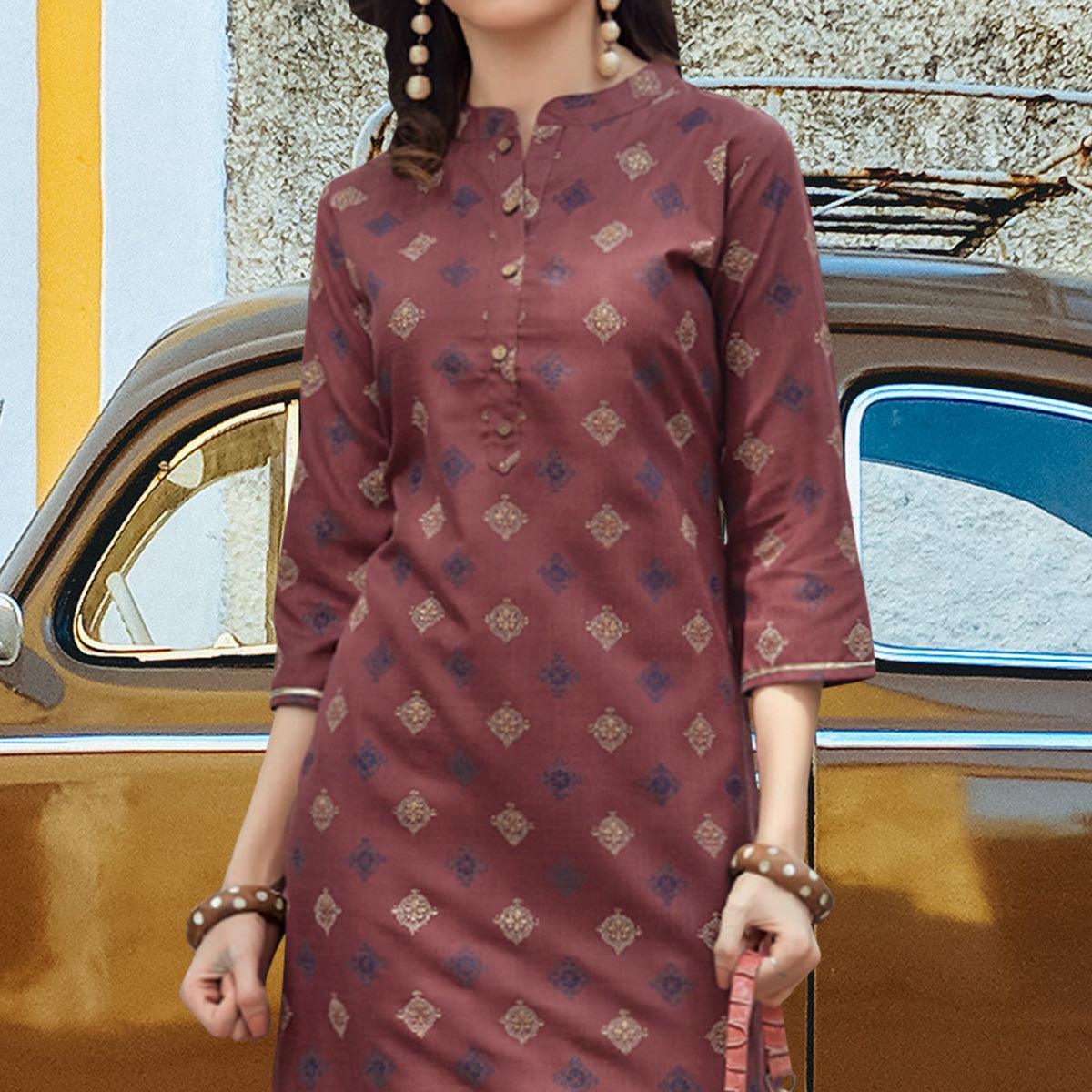 Mauve Printed Poly Cotton Kurti - Peachmode