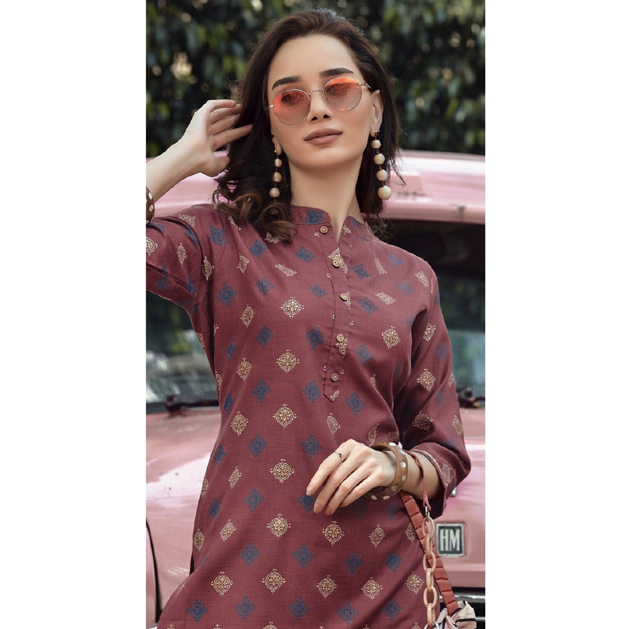 Mauve Printed Poly Cotton Kurti - Peachmode