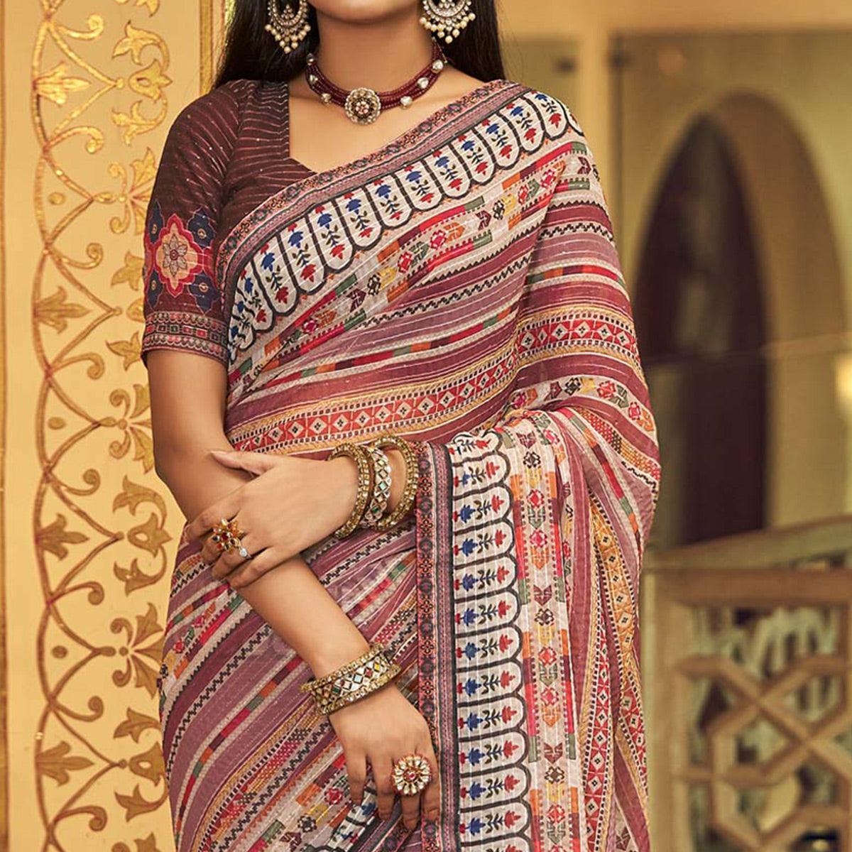 Mauve Printed With Embellished Georgette Half and Half Saree - Peachmode