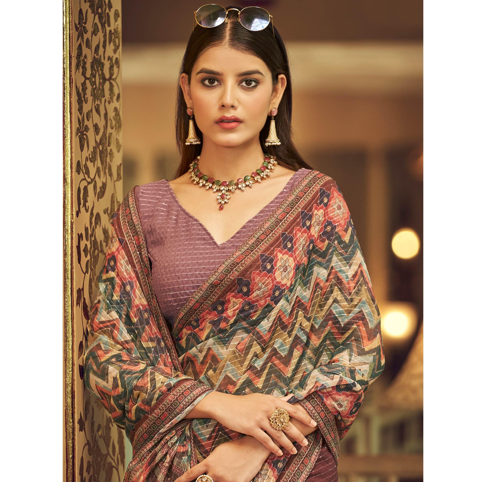 Mauve Printed With Embellished Georgette Half and Half Saree - Peachmode