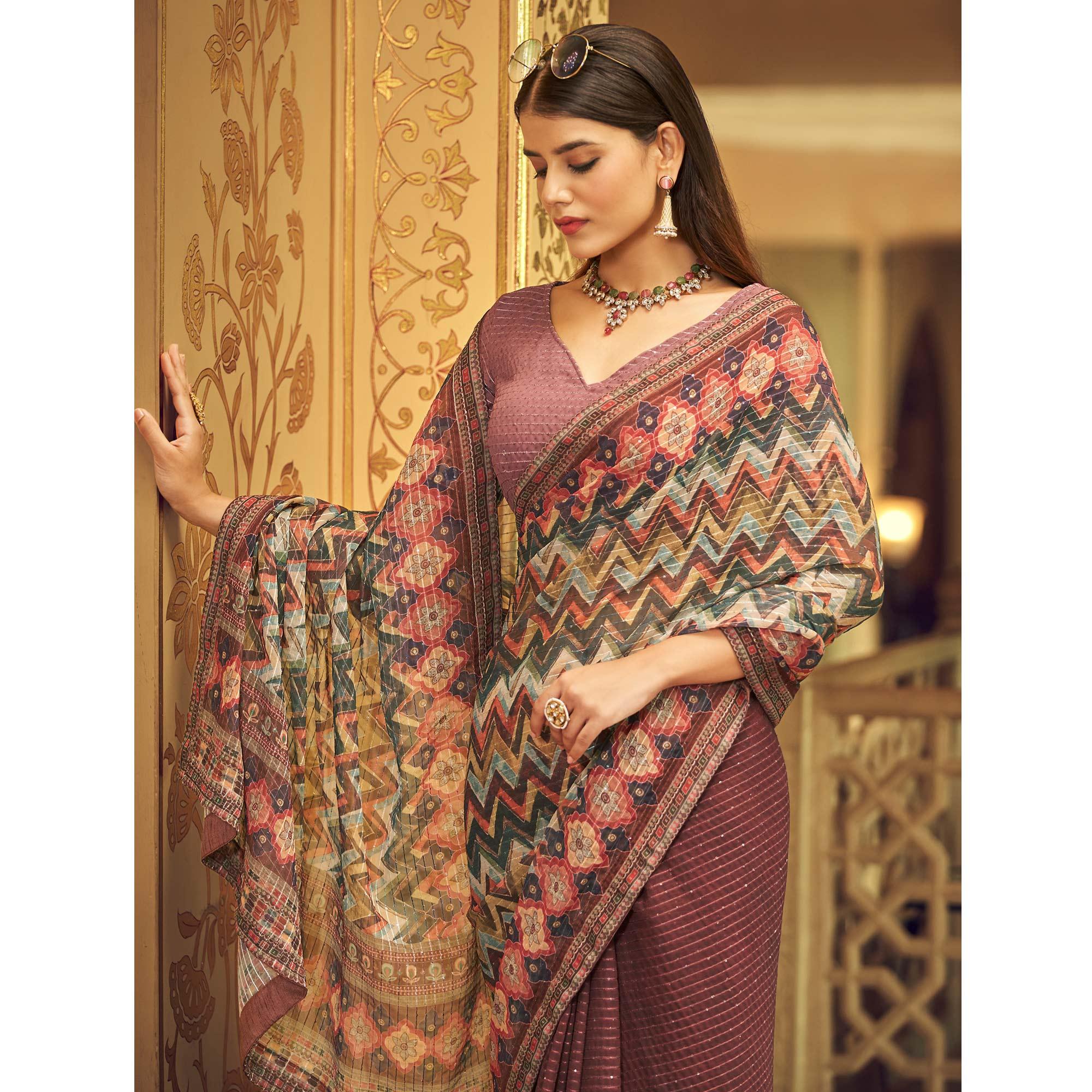 Mauve Printed With Embellished Georgette Half and Half Saree - Peachmode
