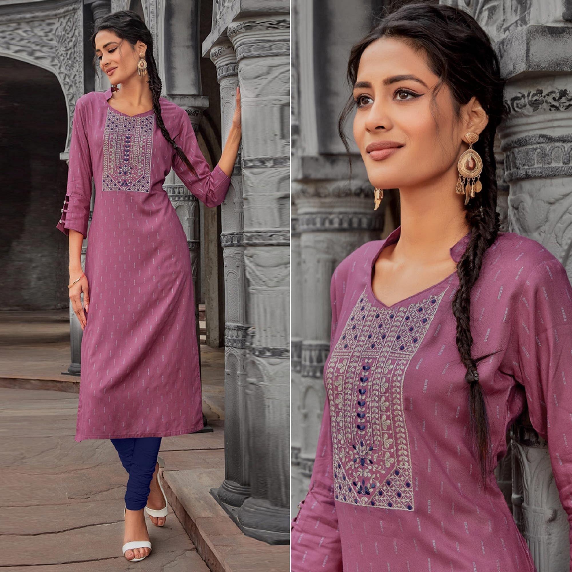 Mauve Printed With Embroidered Pure Cotton Kurti - Peachmode