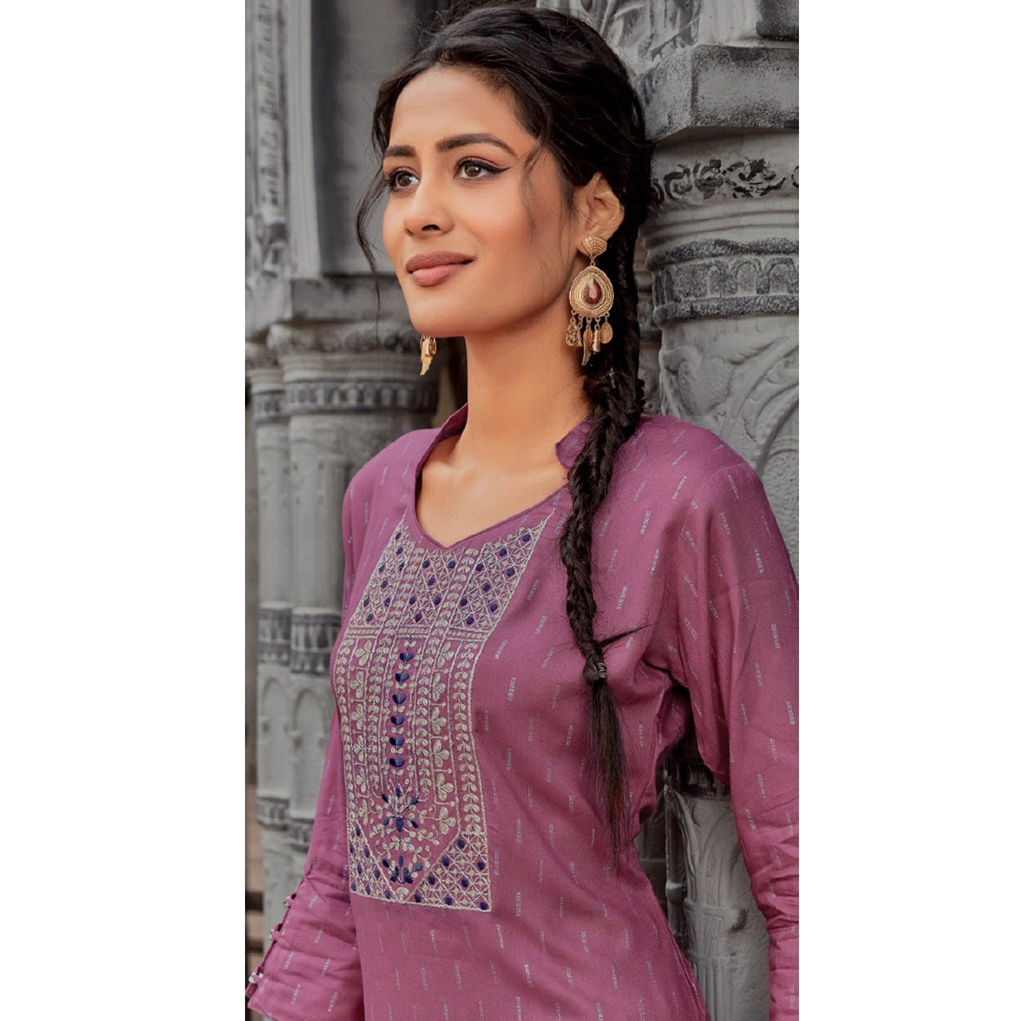 Mauve Printed With Embroidered Pure Cotton Kurti - Peachmode