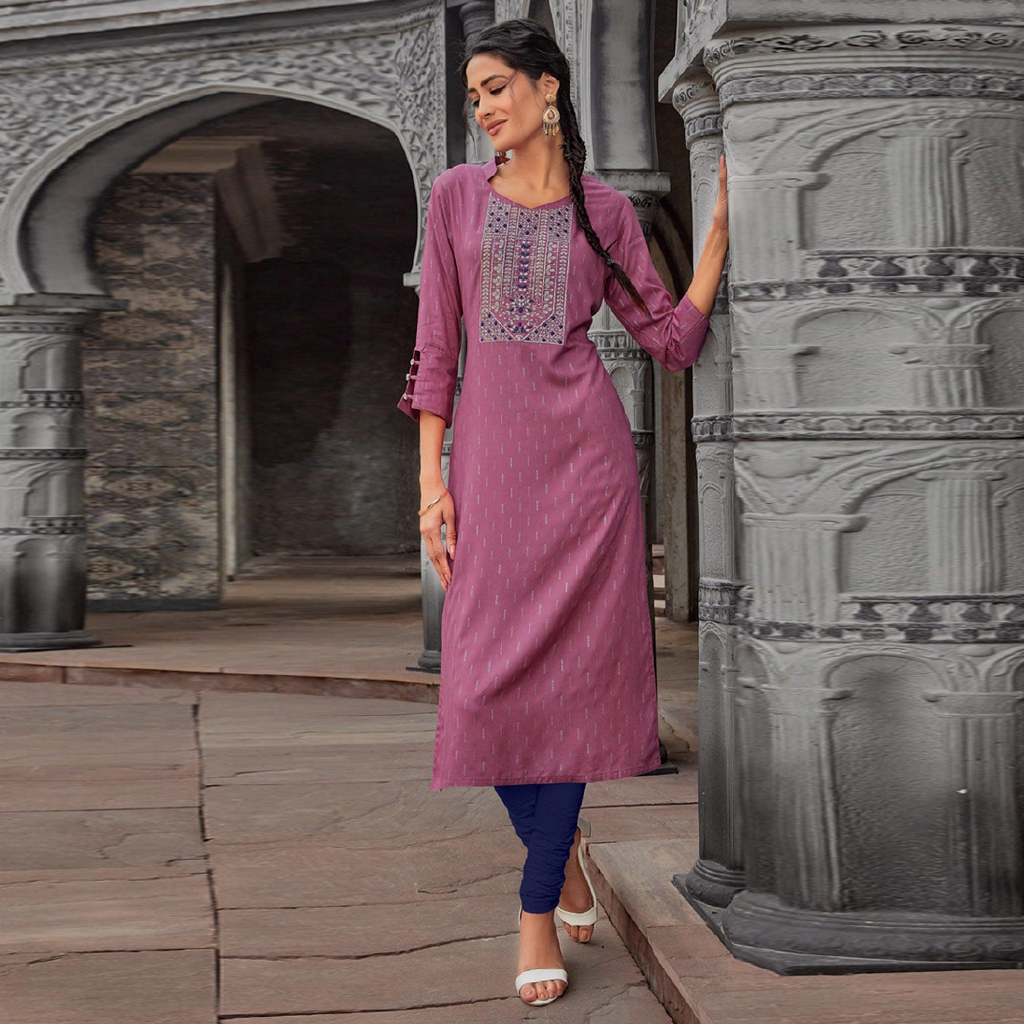 Mauve Printed With Embroidered Pure Cotton Kurti - Peachmode