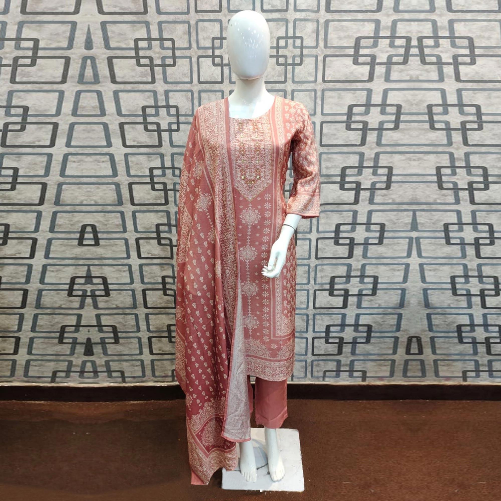 Mauve Printed With Sequence Embroidered Pure Cotton Salwar Suit - Peachmode