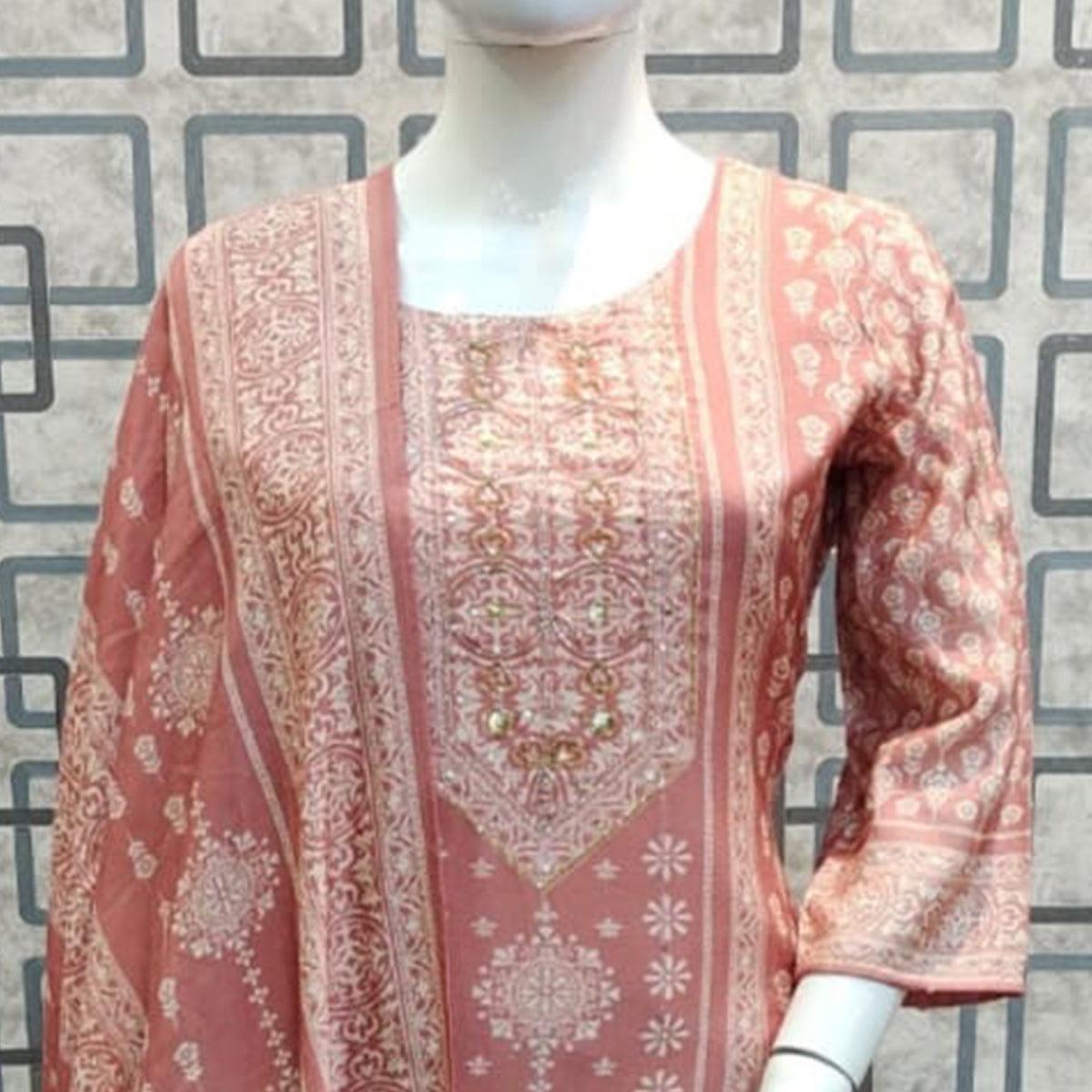 Mauve Printed With Sequence Embroidered Pure Cotton Salwar Suit - Peachmode