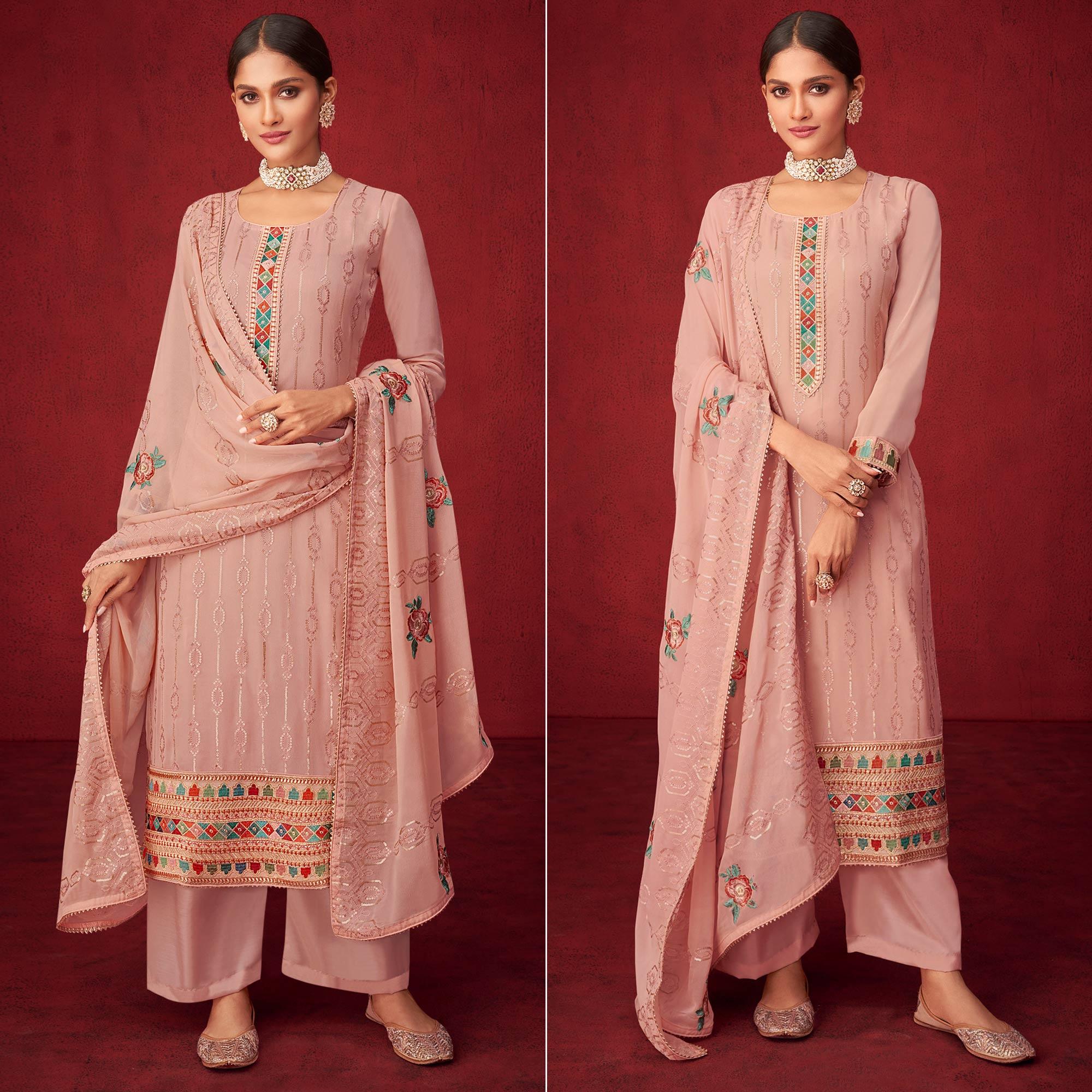 Mauve Sequence Embroidered Georgette Partywear Suit - Peachmode