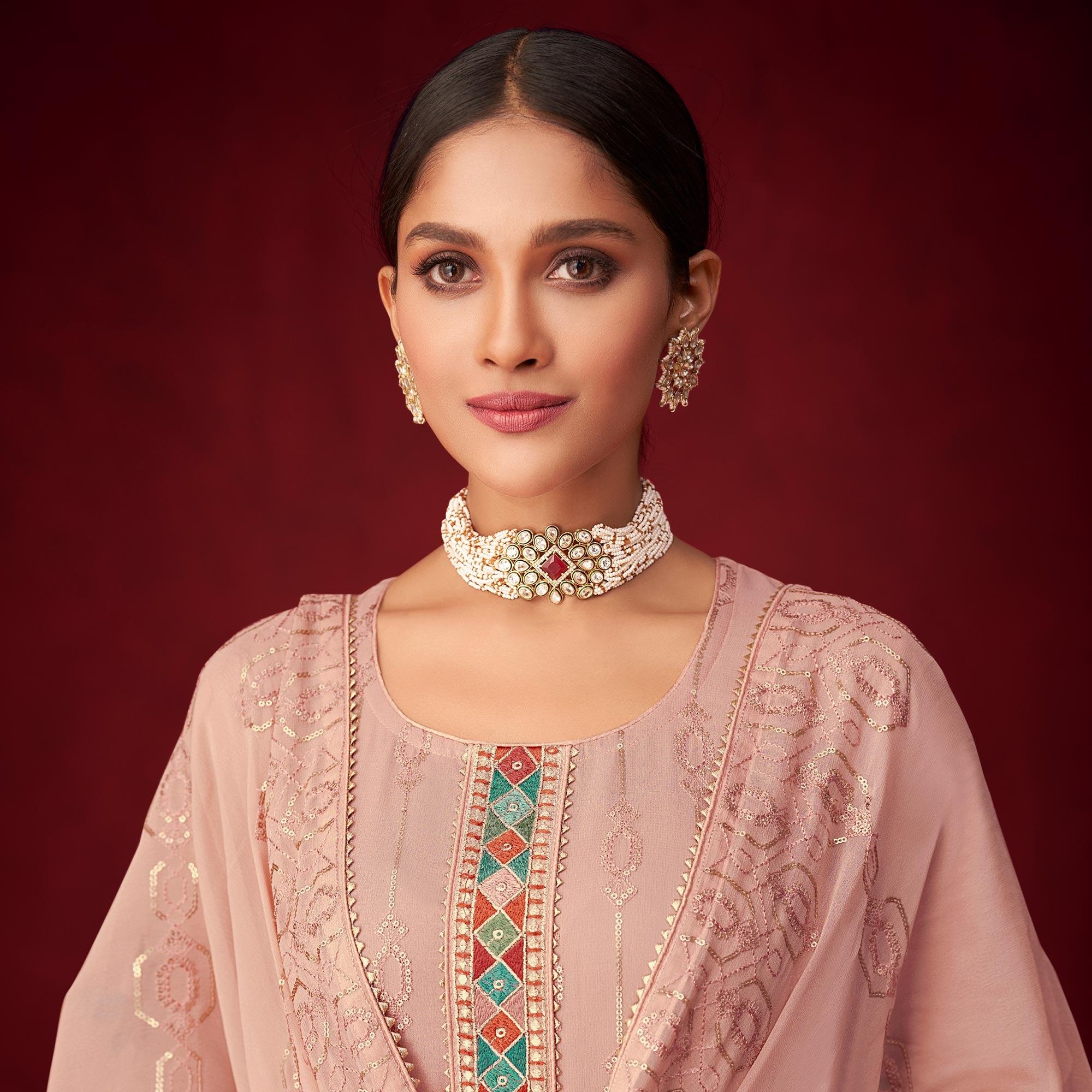 Mauve Sequence Embroidered Georgette Partywear Suit - Peachmode