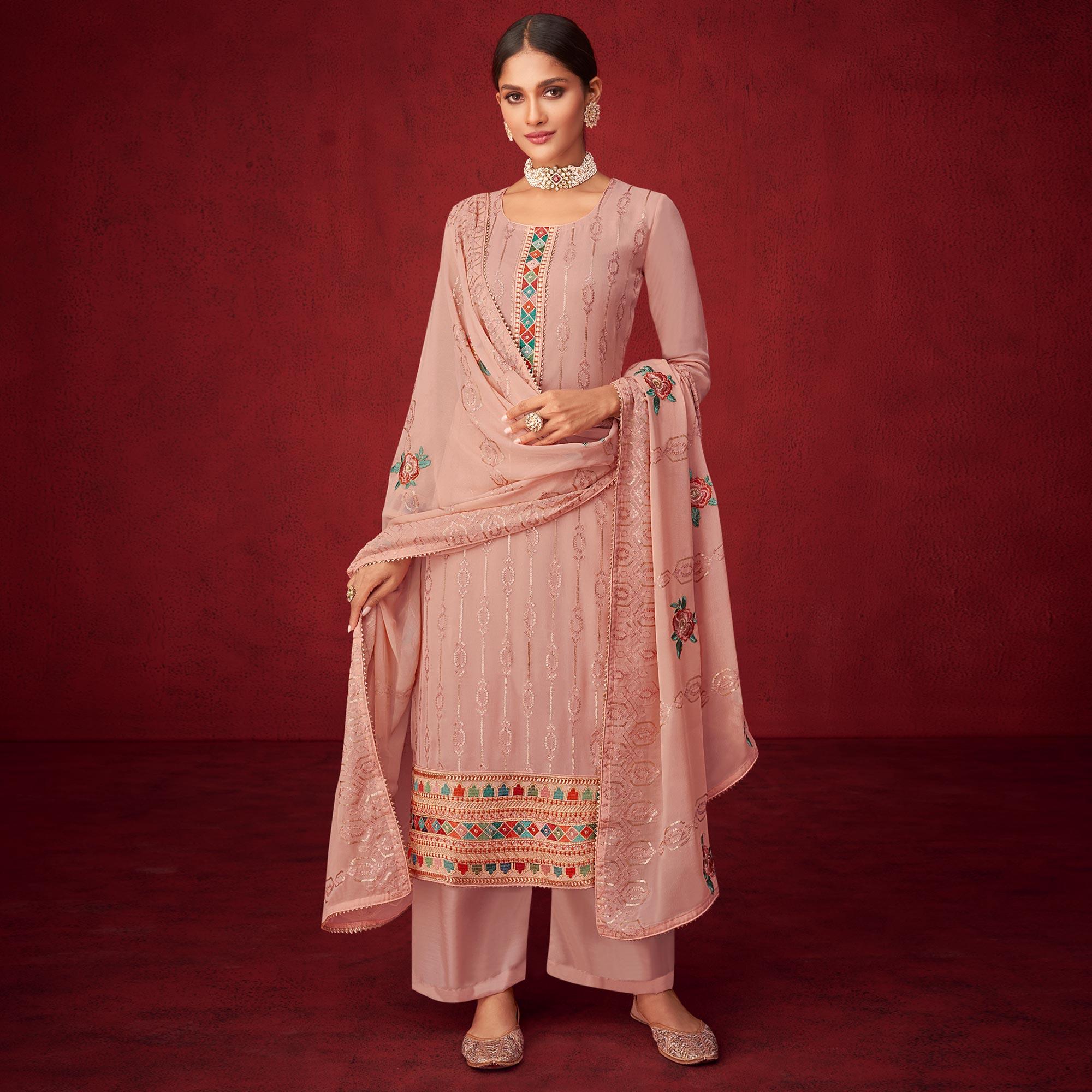 Mauve Sequence Embroidered Georgette Partywear Suit - Peachmode