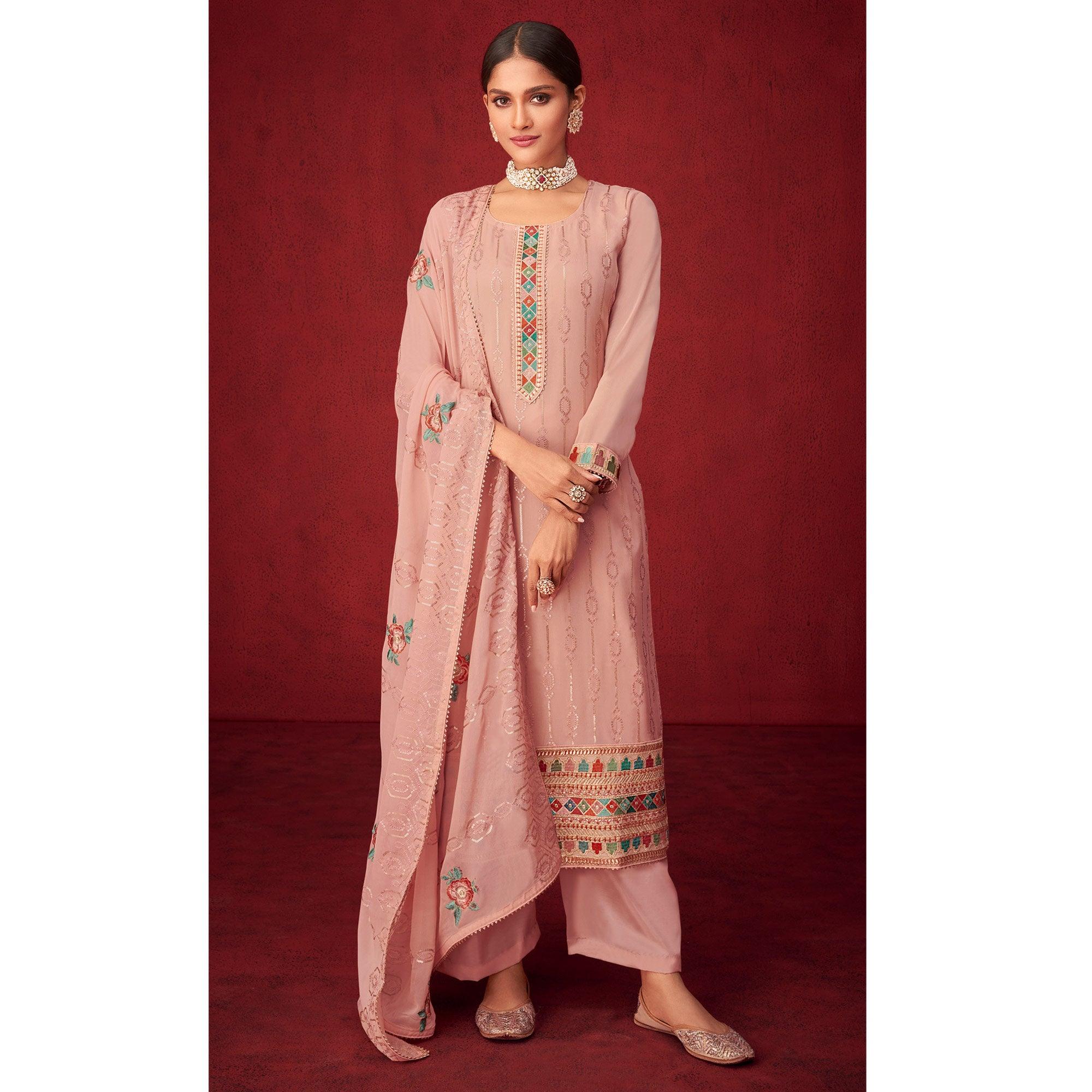 Mauve Sequence Embroidered Georgette Partywear Suit - Peachmode