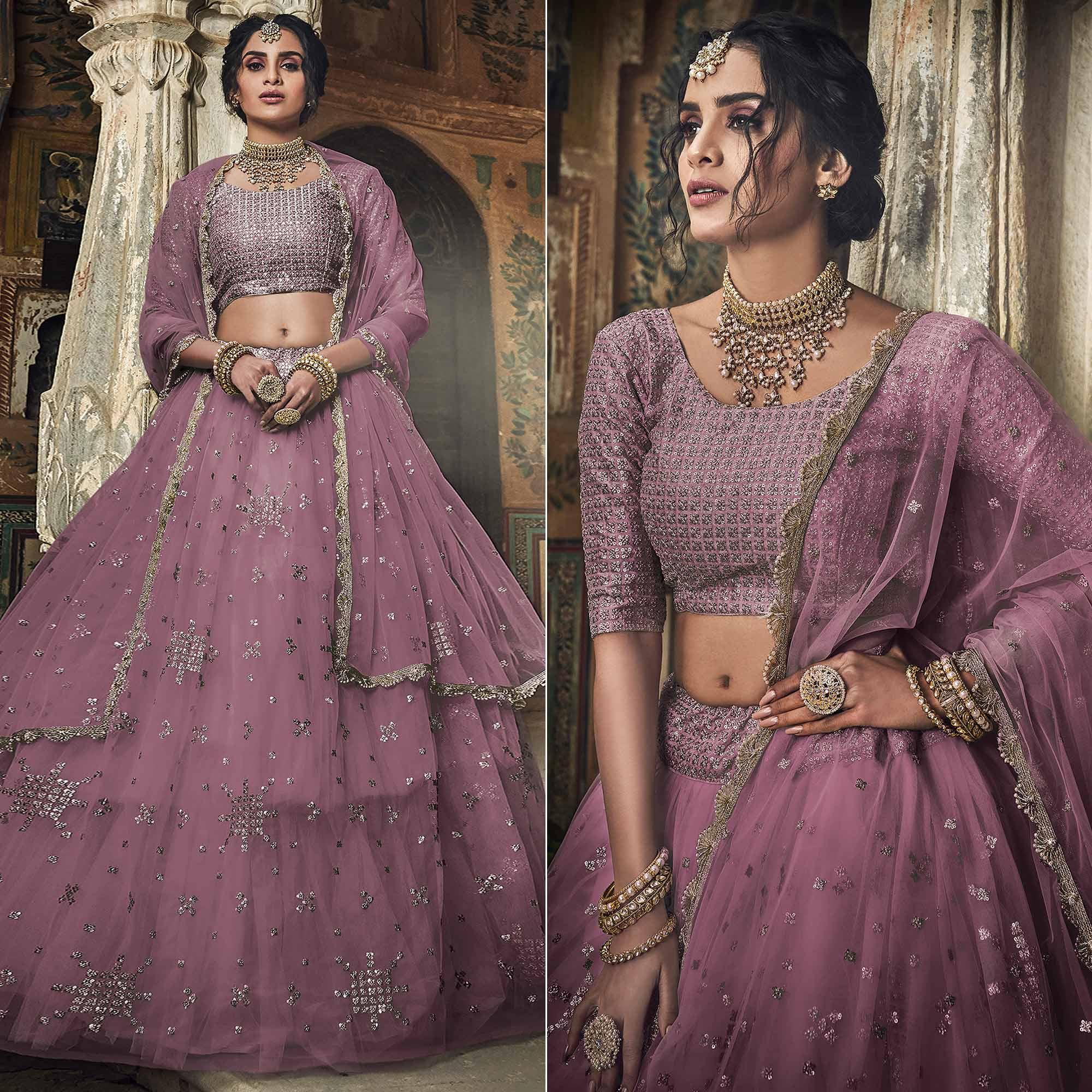 Mauve Sequence Embroidered Net Lehenga Choli - Peachmode