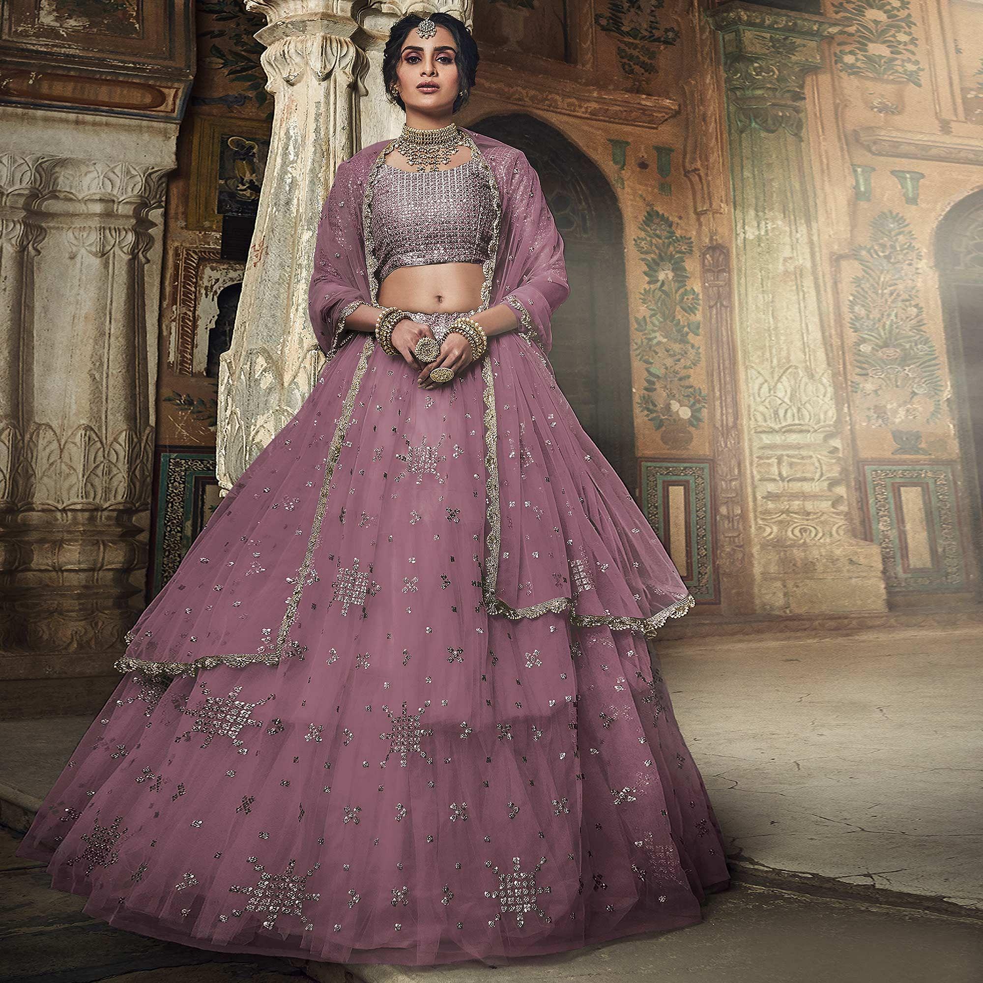 Mauve Sequence Embroidered Net Lehenga Choli - Peachmode