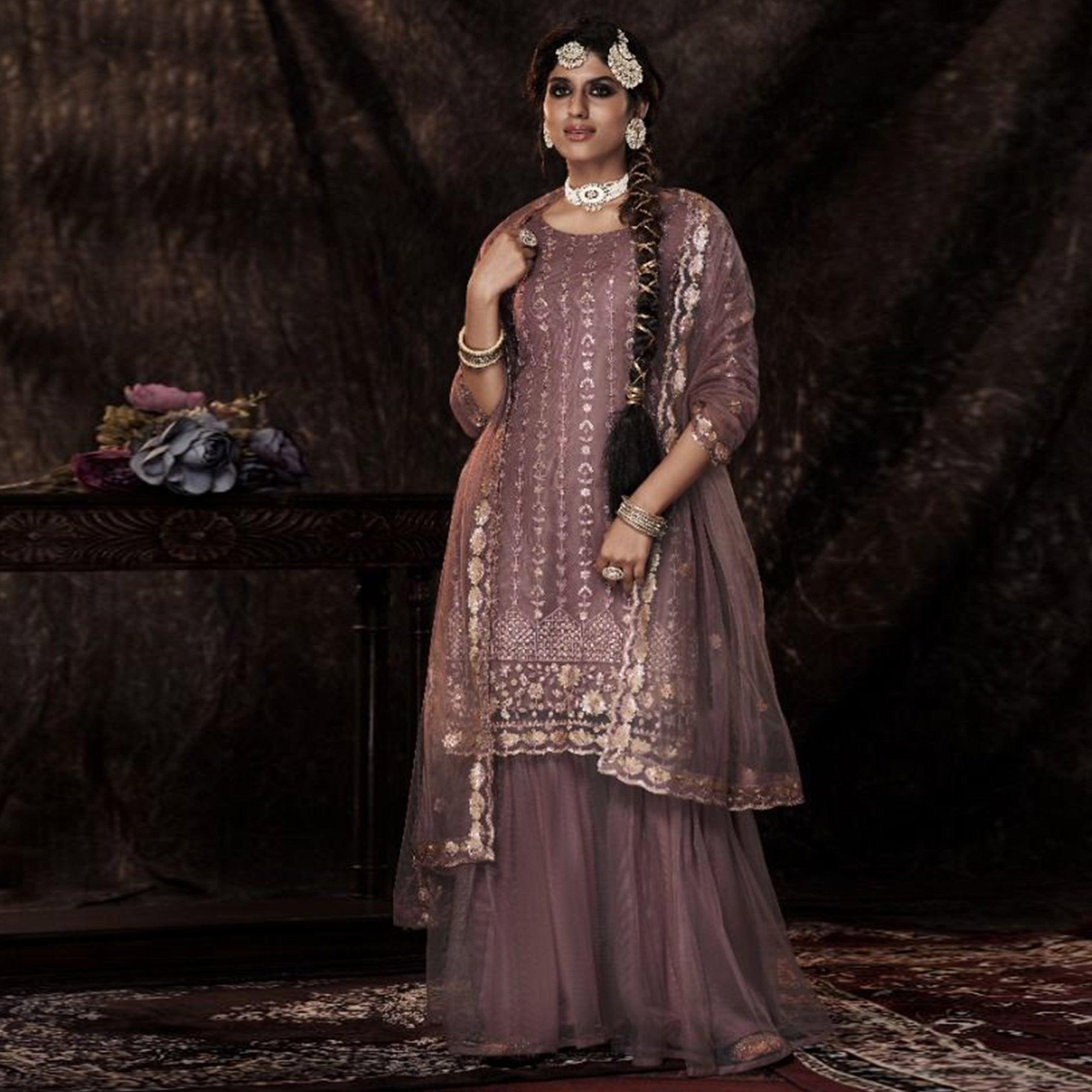 Mauve Sequence Embroidered Netted Palazzo Suit - Peachmode