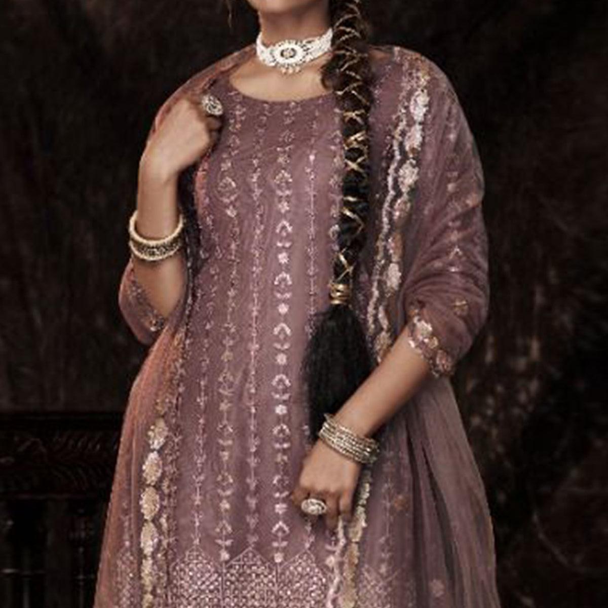 Mauve Sequence Embroidered Netted Palazzo Suit - Peachmode