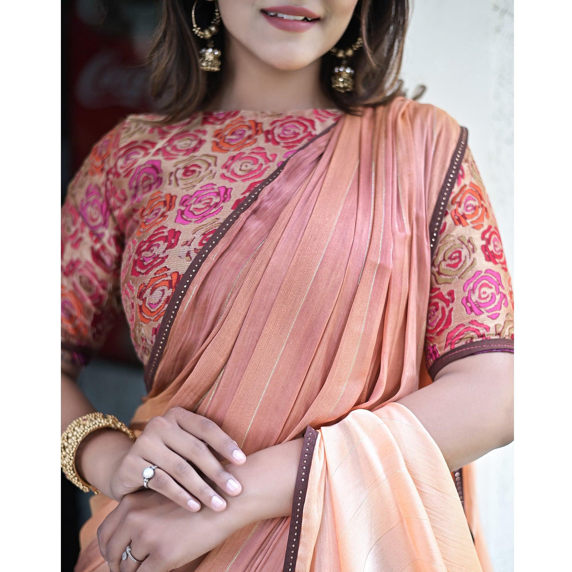 Mauve Stripe Printed Satin Half and Half Saree - Peachmode