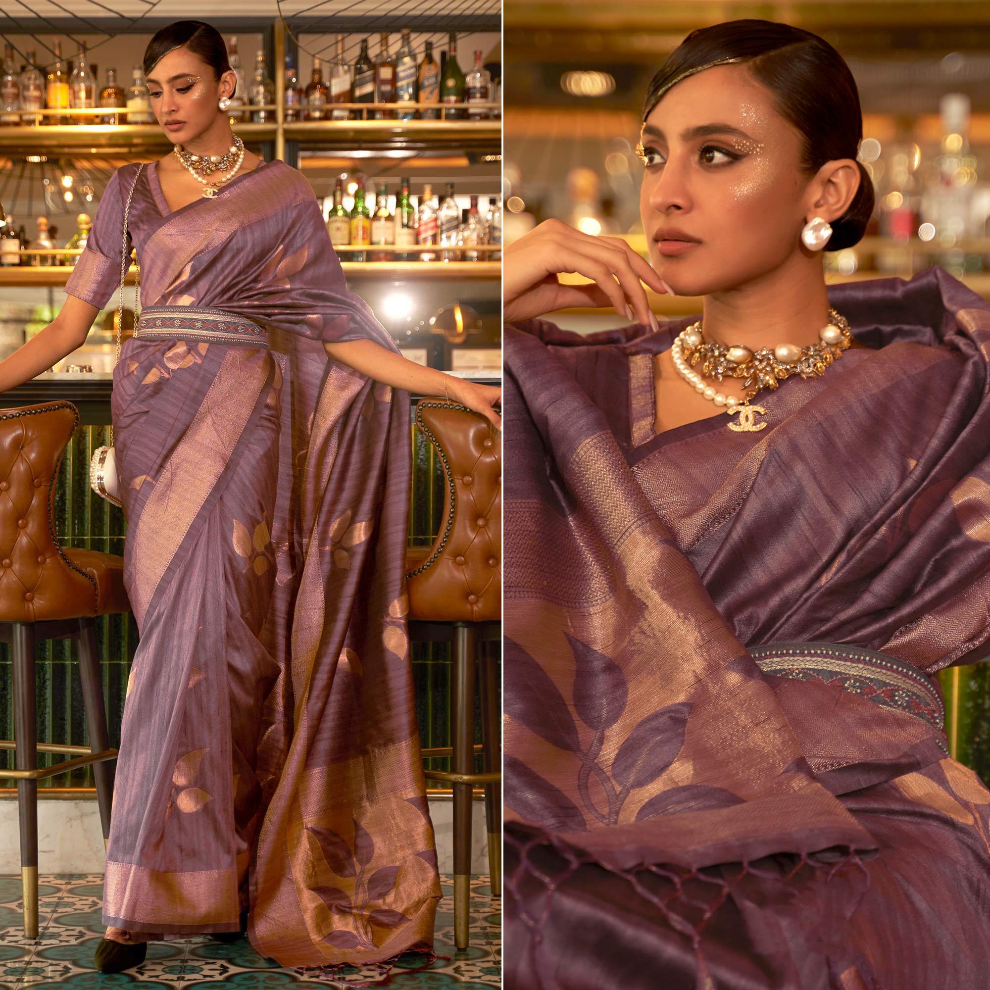 Mauve Woven Art Silk Saree With Tassels - Peachmode