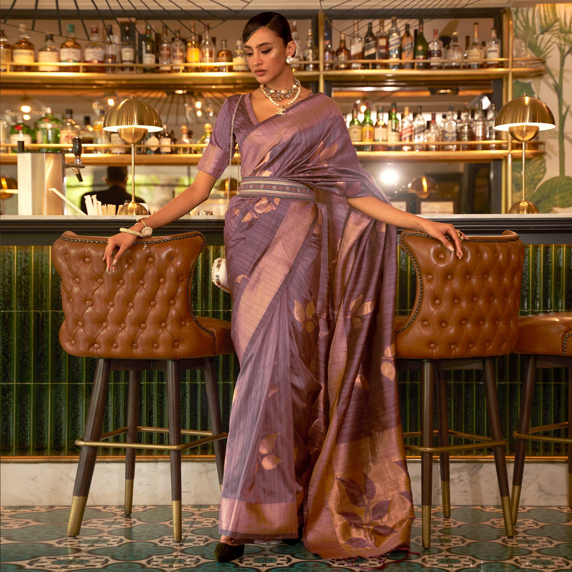 Mauve Woven Art Silk Saree With Tassels - Peachmode